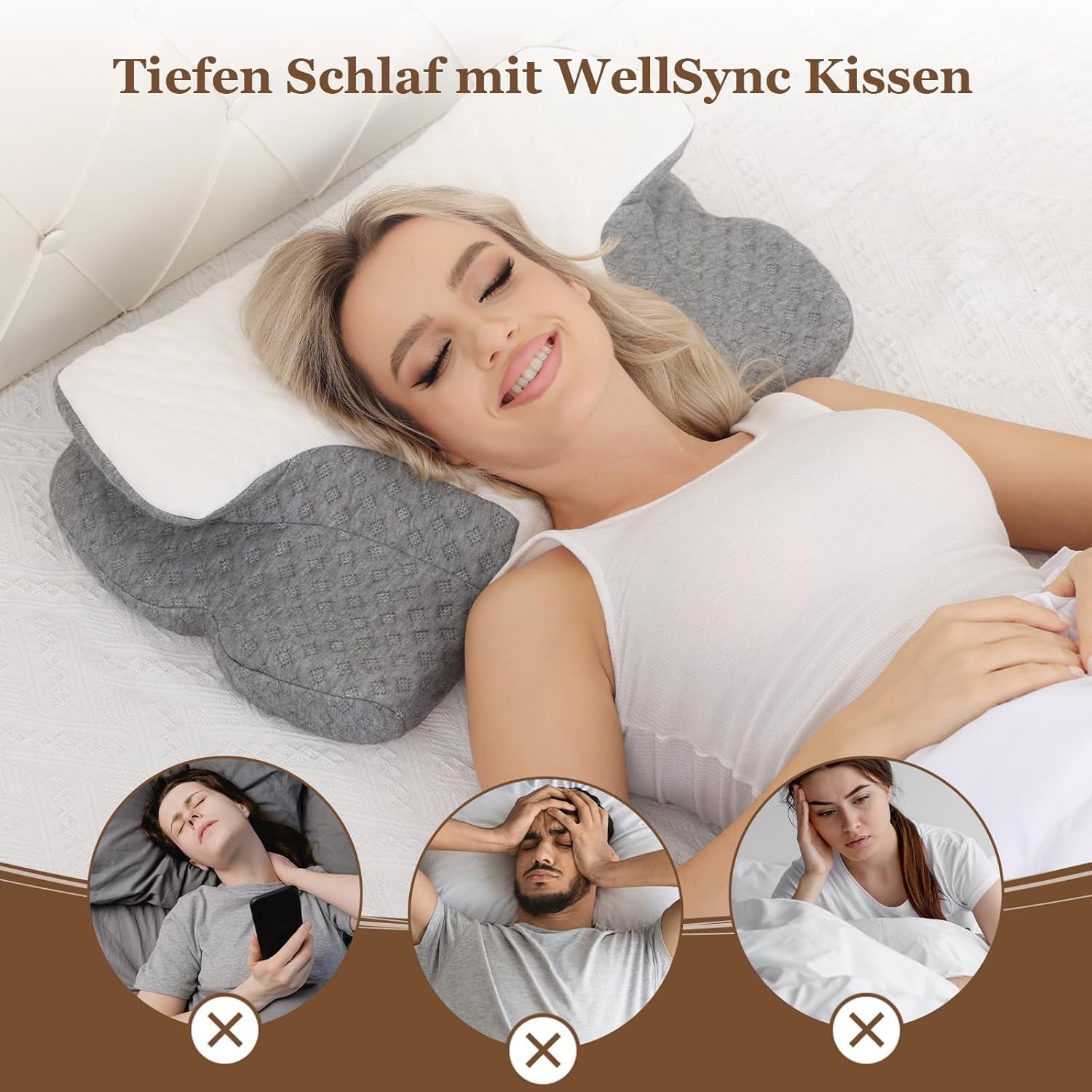 Wellsync Almohada para el cuello Almohada ergonómica Almohada viscoelástica Almohada ortopédica para personas que duermen de lado Personas que duermen boca arriba Personas que duermen boca abajo Dolor de cuello Blanco Gris Almohadas ortopédicas cervicales Naty Shop