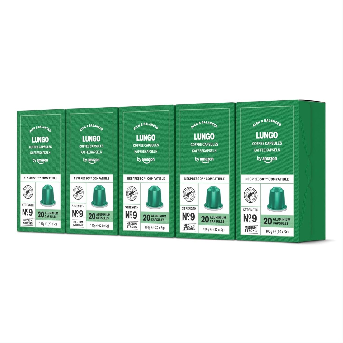 de Amazon Lungo Aluminium-Kaffeekapseln, compatible con Nespresso, mittelgeröstet, 100 Stück (5 Packungen mit je 20 Stück) – Rainforest Alliance certificado