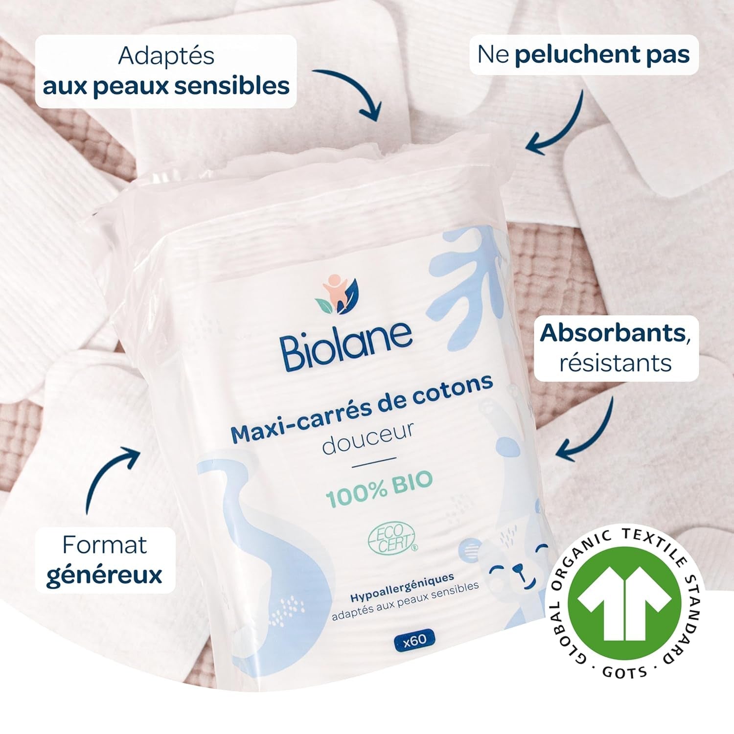 BIOLANE 12 Compresas Maxi-Cuadradas Húmedas - Bebés - 100% Orgánico - 720 Algodón - para pieles sensibles - Cambiador y Aseo - desde el nacimiento - fabricadas en Francia