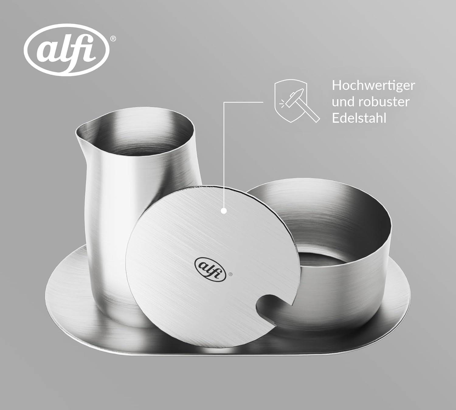 alfi SET DE LECHE Y AZÚCAR, acabado mate, set de leche y azúcar de acero inoxidable de alta calidad, diseño elegante, apto para lavavajillas, duradero