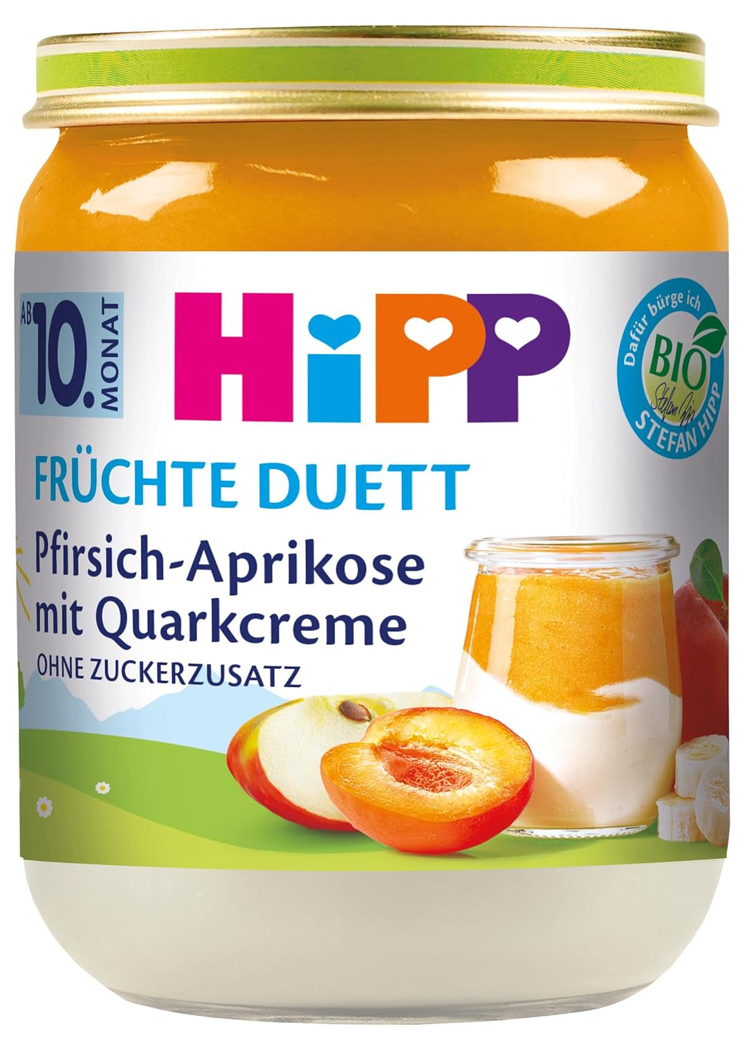 HiPP Melocotones y Albaricoques con Crema de Quark, Dúo de Frutas a partir de 10 meses (6 x 160 g), sin azúcares añadidos, sin gluten, la mejor calidad biológica