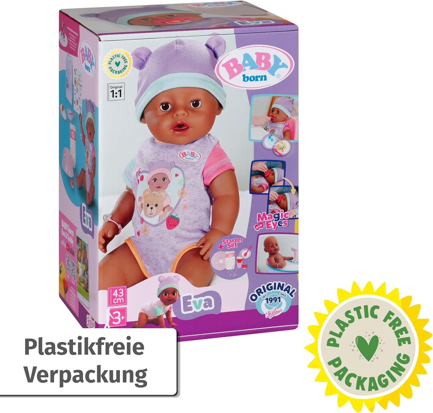 BABY Born Eva 43Cm, Muñeca con 10 funciones y accesorios, para niños a partir de 3 años, funciona sin pila, Muñeca grande 43Cm, 836408 Zapf Creation Dolls Naty Shop