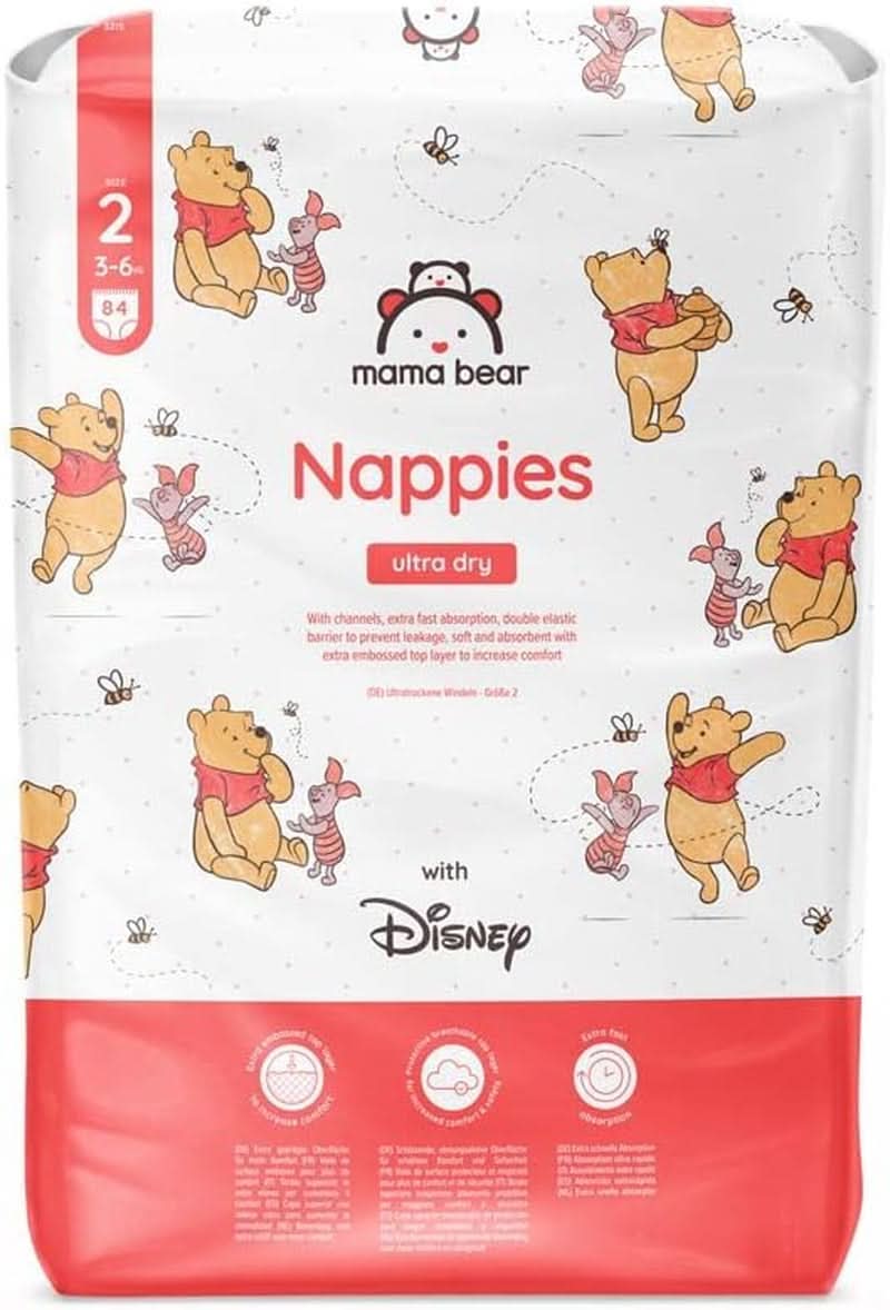 Mama Bear Disney Ultra Dry Pañales Talla 4 (8-14kg), Blanco, 84 Piezas (1 Paquete) Naty Shop Talla 2 (3-6kg) Paquete Individual
