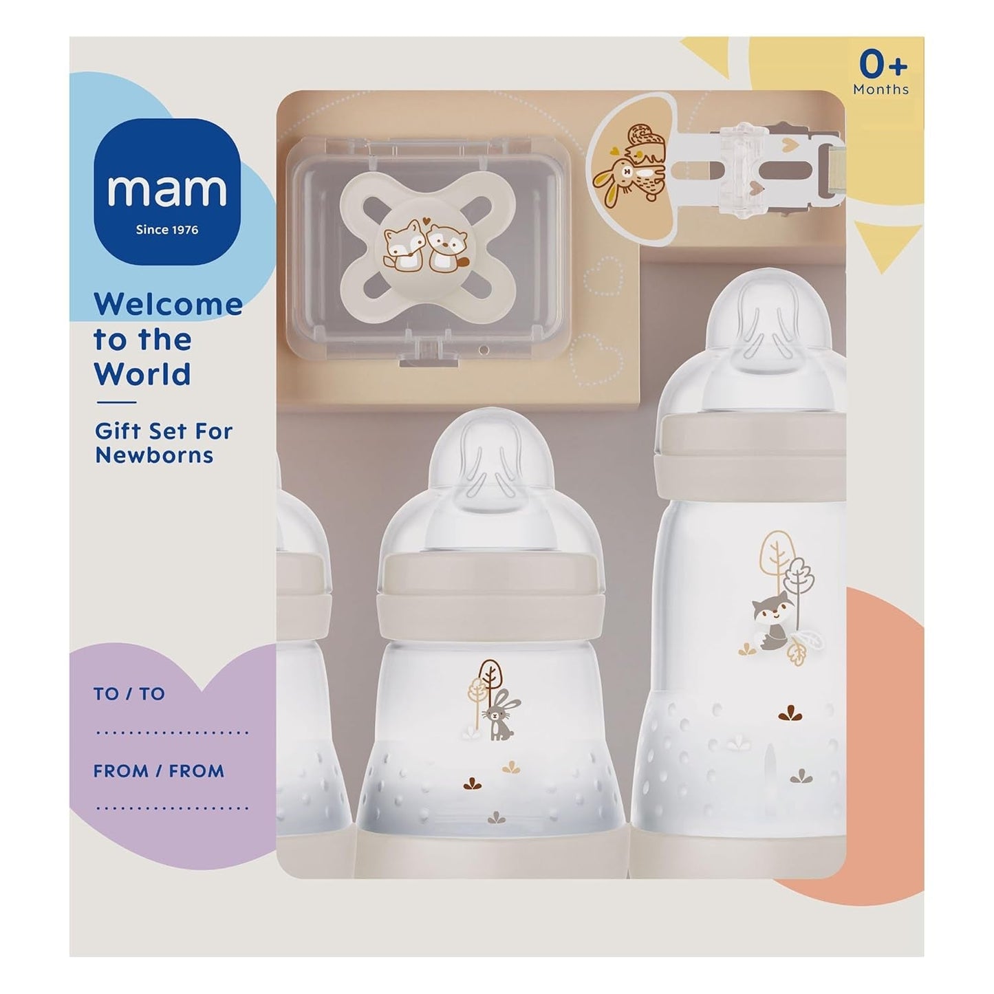 MAM Set Recién Nacido, Set de Regalo, compuesto por: 2 x Biberones anticólicos 160 ml, 1 x Biberón anticólicos 260 ml, 1 x Chupete Original Start, 1 x Broche para chupete, a partir de 0 meses, Neutro