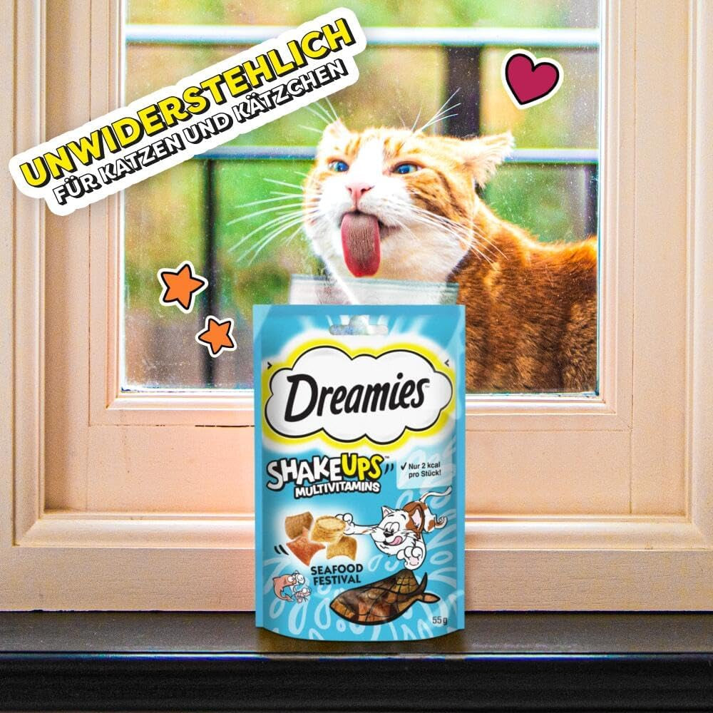 DREAMIES SHAKE UPS Golosinas multivitamínicas para gatos Seafood Festival en sobres en porciones - 55 g (6 sobres)