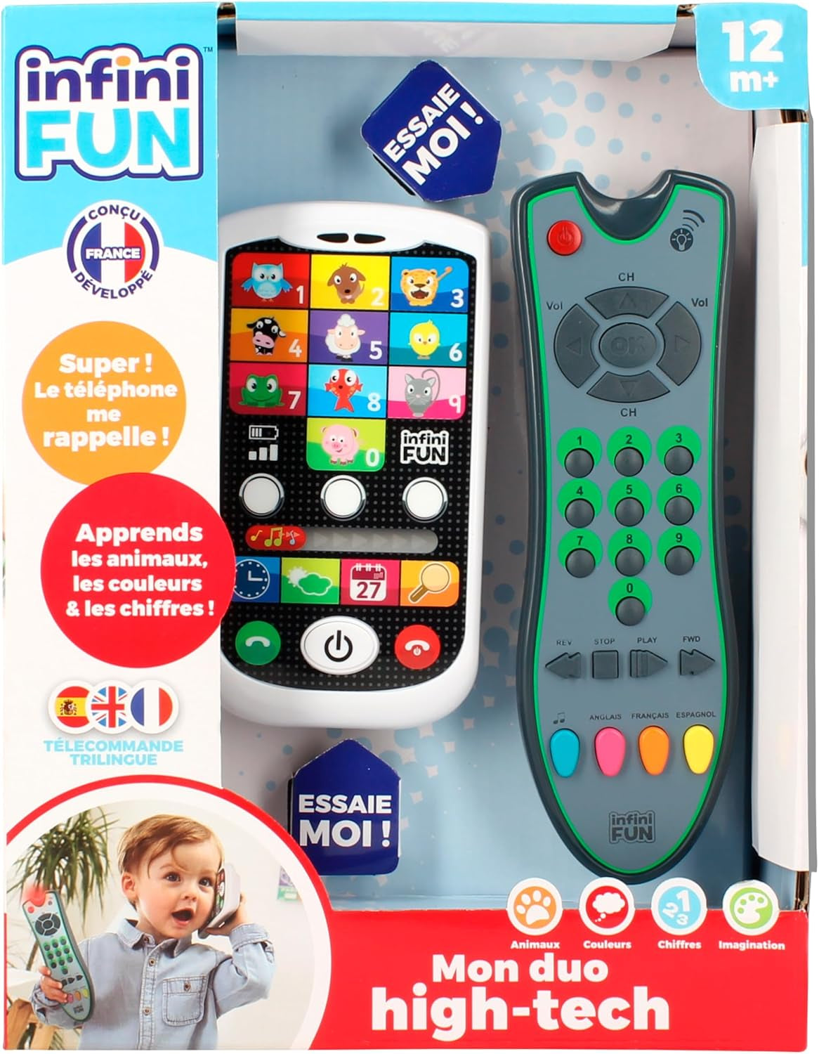My Duo Teléfono de Alta Tecnología + Mando a Distancia - 1 Mando a Distancia Trilingüe Francés/Inglés/Español y 1 Teléfono Ultrarrealista - Juguete Educativo Multiactividad a Partir de 12 Años Juguetes Bebe Naty Shop