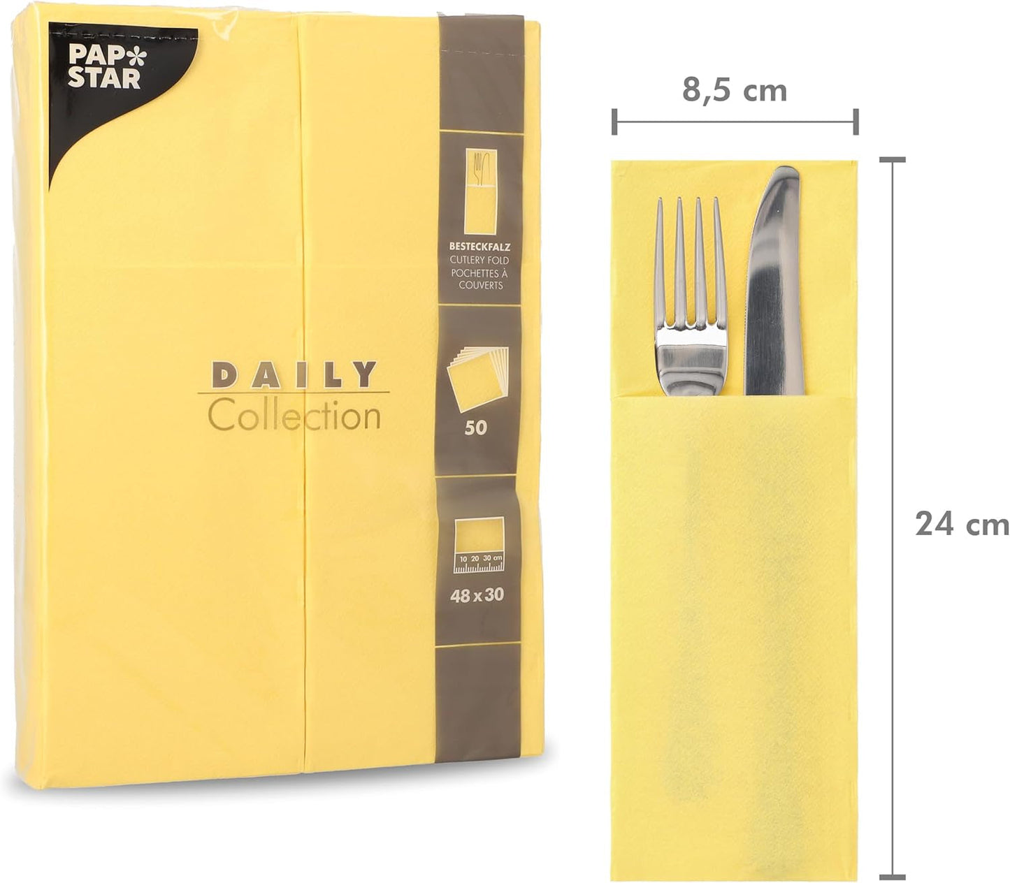50 bolsas de servilletas para cubiertos 'Colección DAILY' 48 Cm X 30 Cm amarillas con pliegue para cubiertos