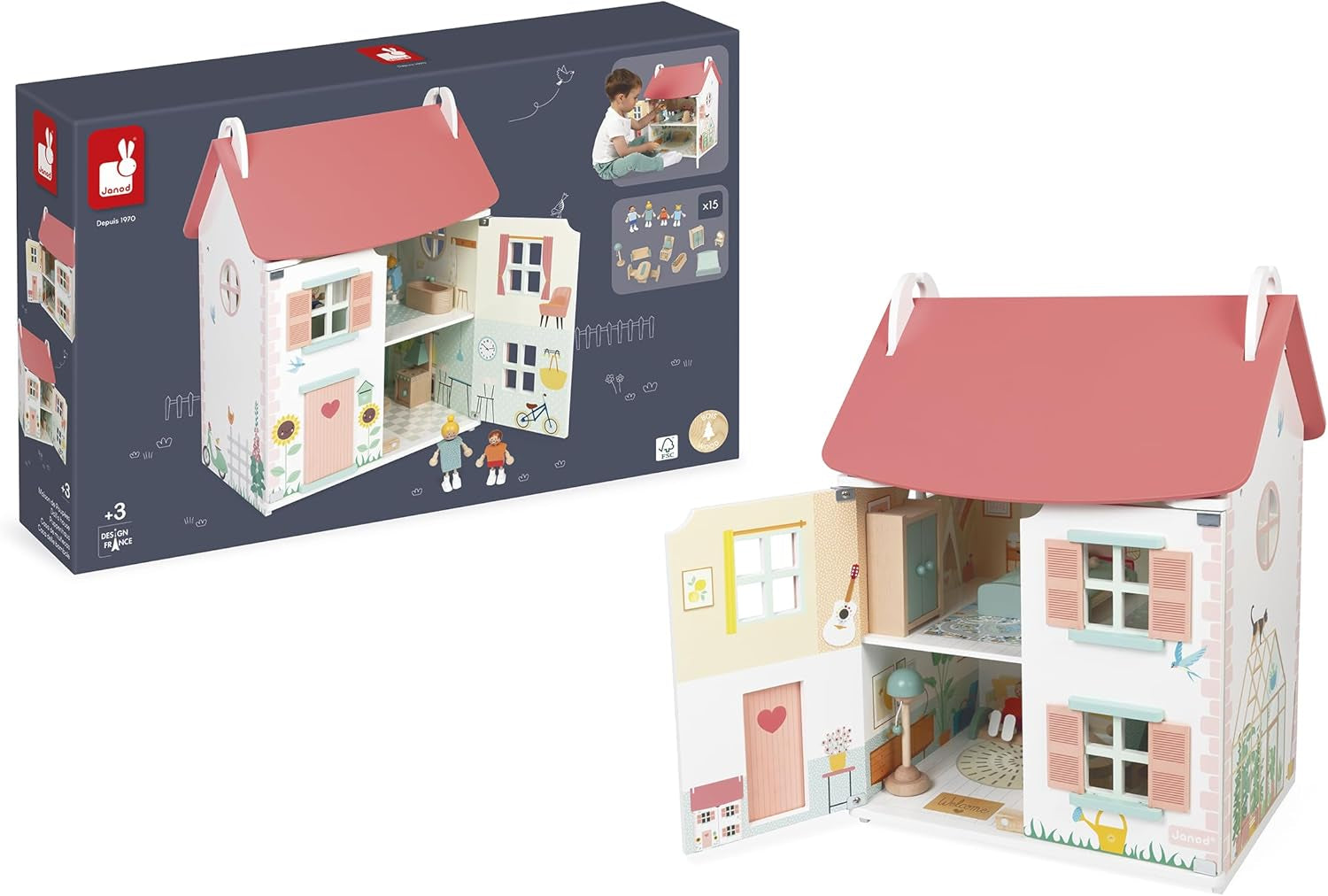 Janod - Mi primera casa de muñecas de madera - 10 accesorios - Muebles para muñecas - Puertas magnéticas y techo desmontable - Juguete de madera certificado FSC - A partir de 3 años