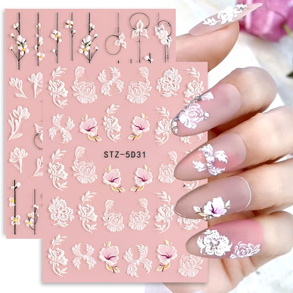4 Blatt 3D Nagelsticker Frühling Blume Nagelaufkleber 5D Stereoskopisch Selbstklebend Nail Art Sticker Decoración Nageldesign Zubehör