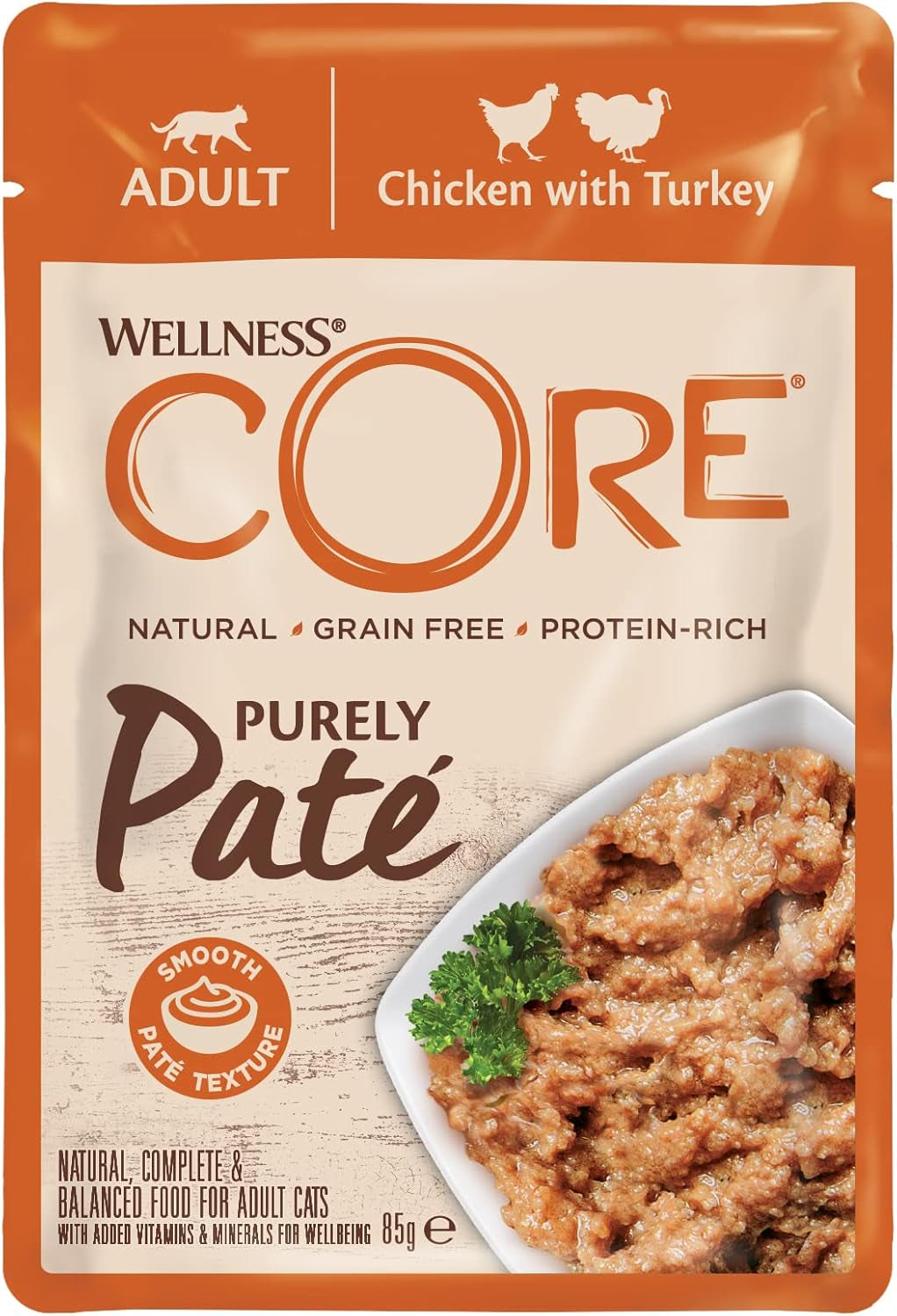 Wellness CORE Purely Paté 24 x 85g, Pollo y Pavo - Comida húmeda para gatos, paté fino, sin cereales, natural, hipoalergénico, alto en proteínas, alto en carne
