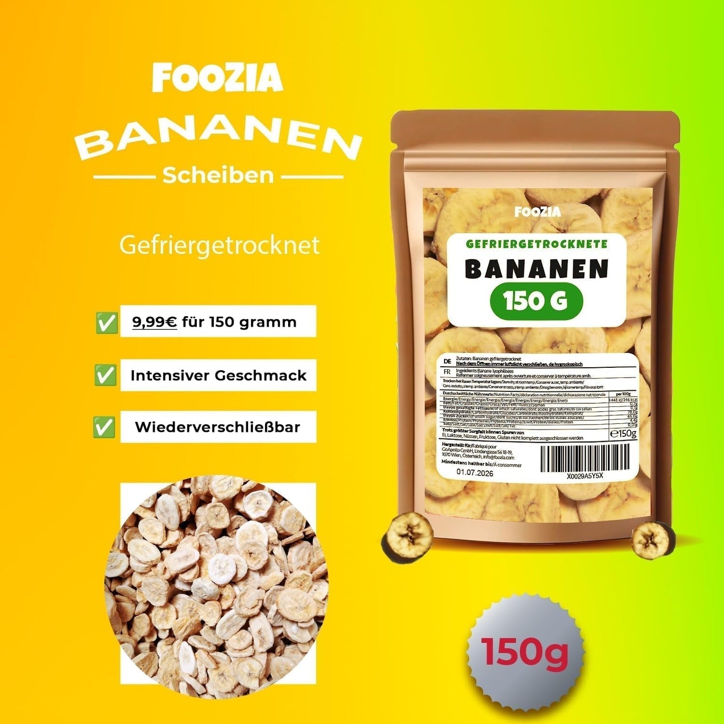 Plátanos liofilizados rodajas 150g, Frutas liofilizadas sin aditivos Puro - Frutos secos 100% naturales - Plátanos secos frutos secos de Foozia Productos deshidratados Naty Shop