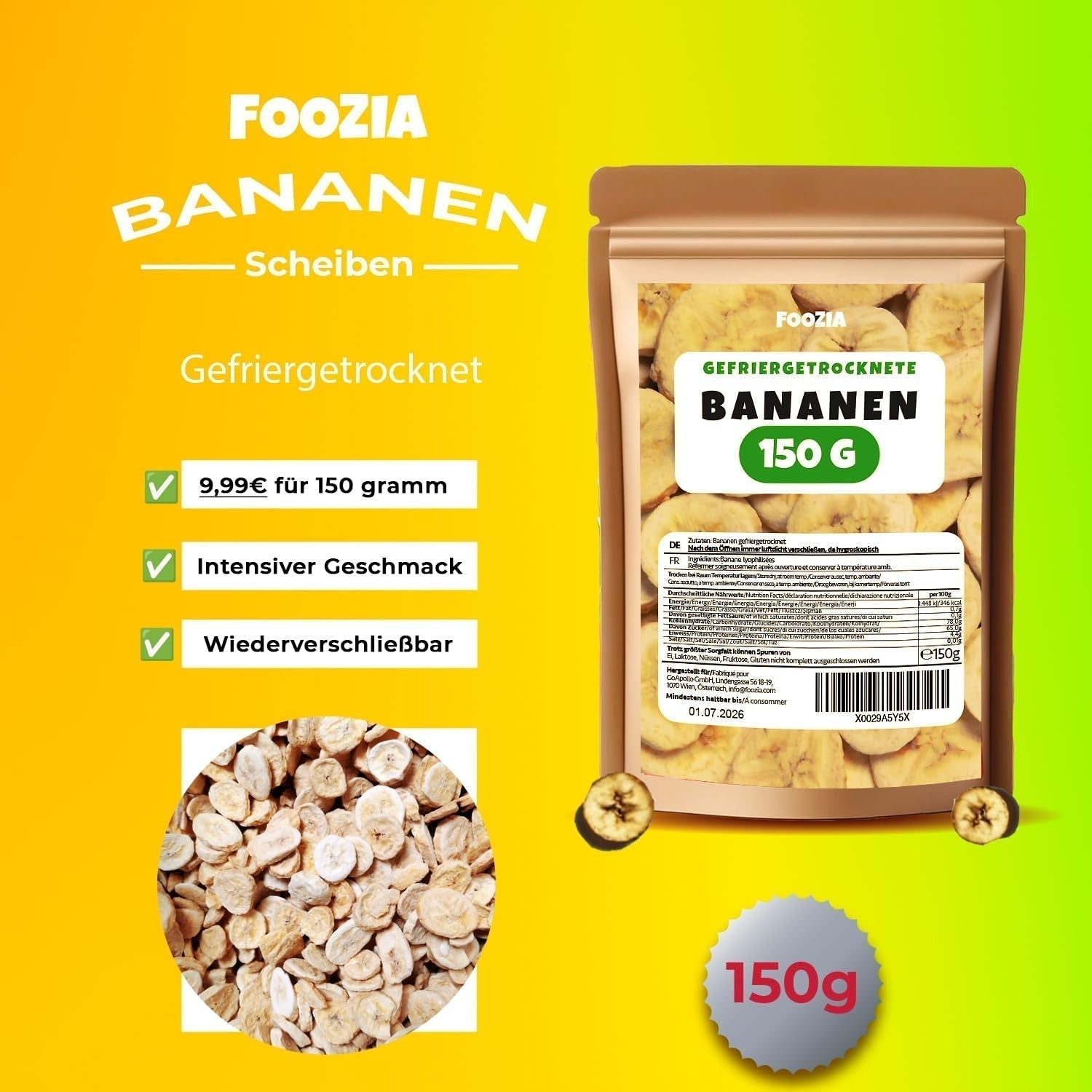 Plátanos liofilizados rodajas 150g, Frutas liofilizadas sin aditivos Puro - Frutos secos 100% naturales - Plátanos secos frutos secos de Foozia Productos deshidratados Naty Shop