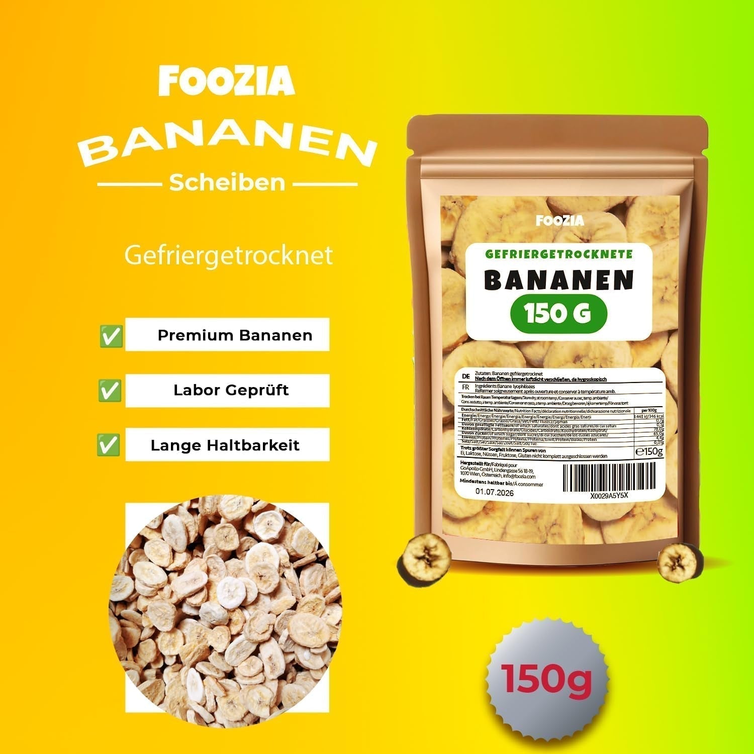 Plátanos liofilizados rodajas 150g, Frutas liofilizadas sin aditivos Puro - Frutos secos 100% naturales - Plátanos secos frutos secos de Foozia Productos deshidratados Naty Shop
