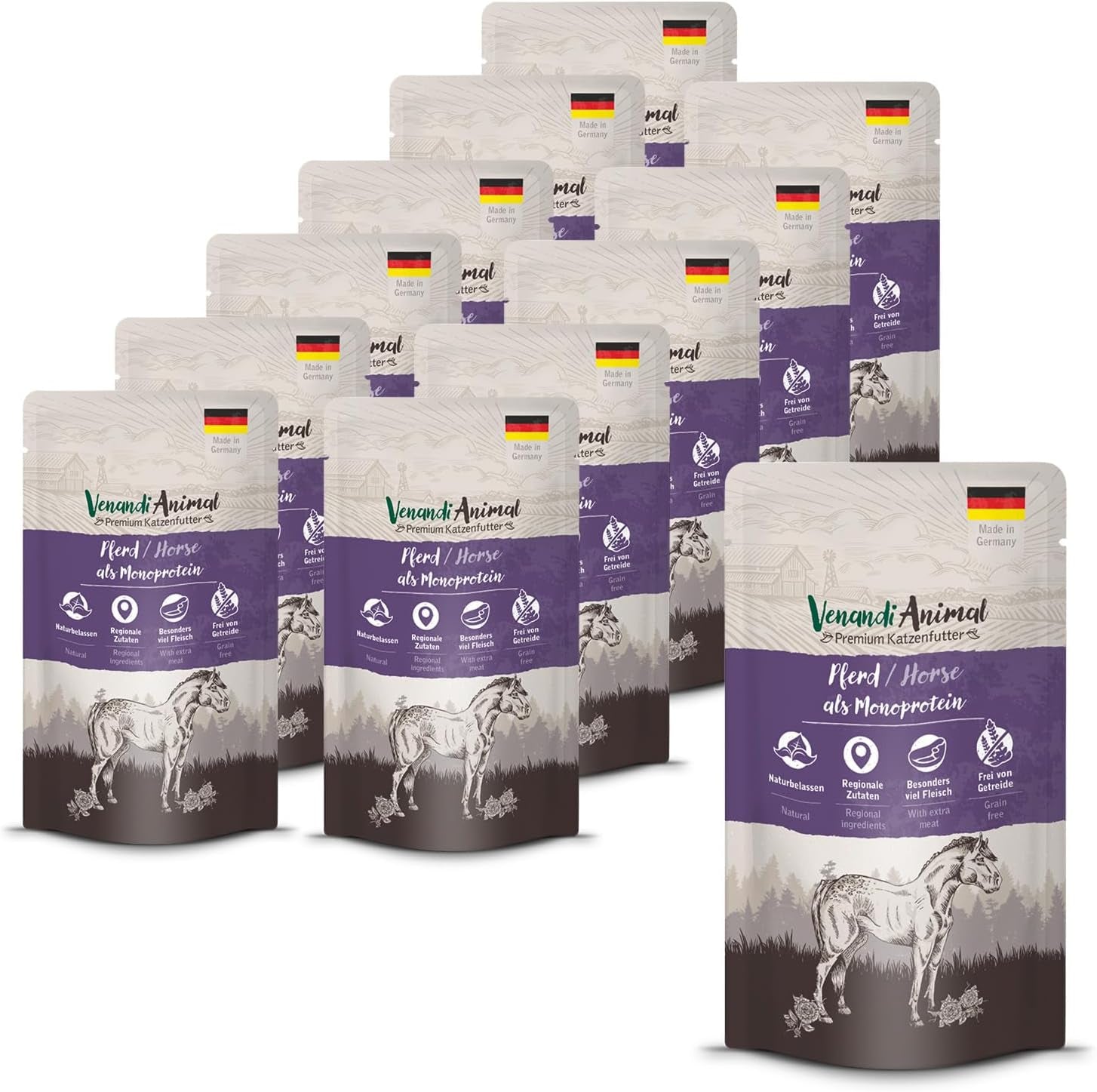 Venandi Animal - Alimento húmedo premium para gatos - Caballo como monoproteína, paquete de 12 (12 x 125 g), sin cereales, monoproteína