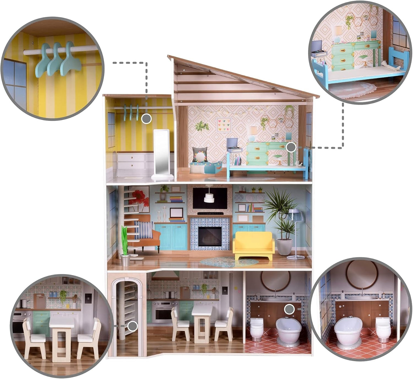 Olivia's Little World Casa de muñecas interactiva de madera de 3 pisos de estilo mediterráneo contemporáneo para niños con 17 accesorios para muebles de muñecas Multicolor TD-13551B