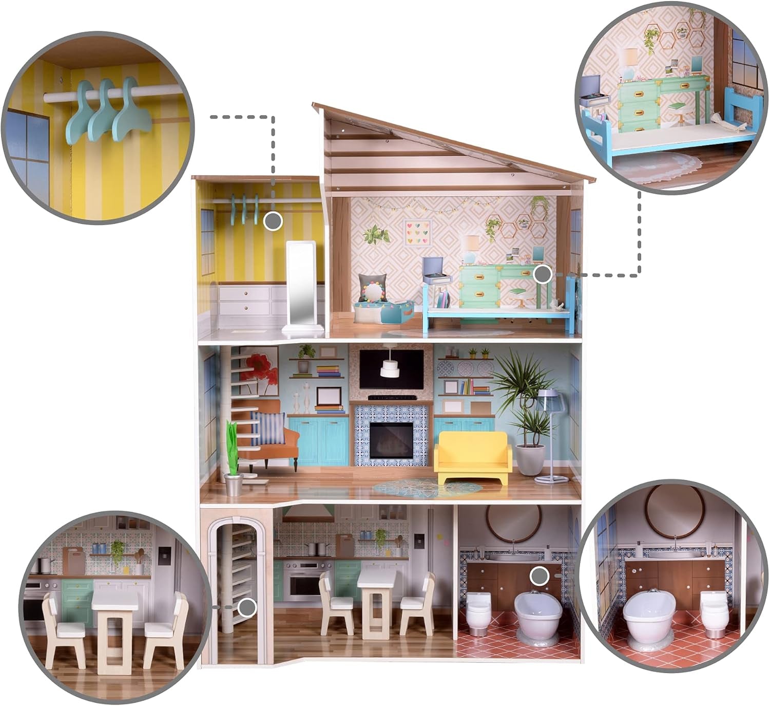 Olivia's Little World Casa de muñecas interactiva de madera de 3 pisos de estilo mediterráneo contemporáneo para niños con 17 accesorios para muebles de muñecas Multicolor TD-13551B