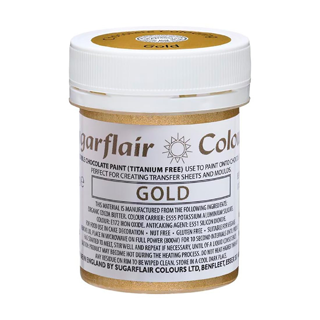 Colorante alimentario Sugarflair Chocolate Gold - Manteca de cacao orgánica coloreada, colorante de chocolate para colorear chocolate, bombones - 35 g