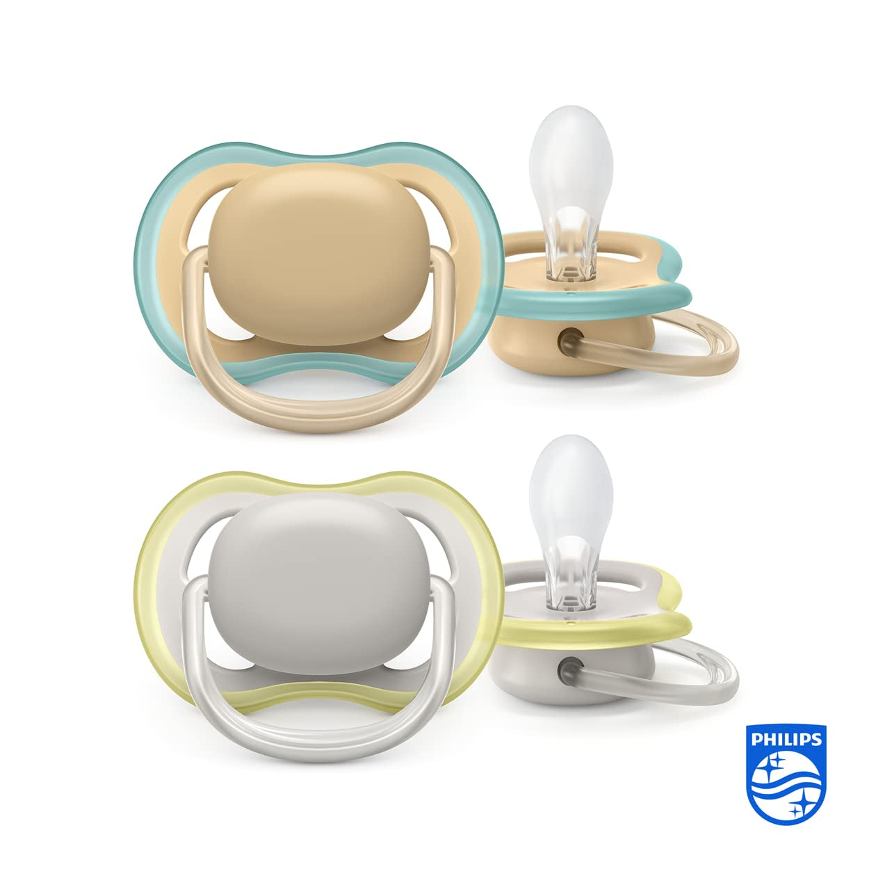 Philips Avent Chupetes Ultra Air Pack de 2 - Chupetes con Bisfenol A para bebés de 0 a 6 meses (Modelo SCF085/15) Marrón/Verde