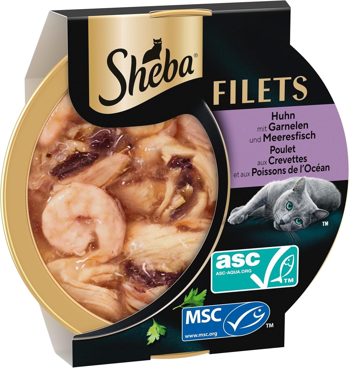 SHEBA Filetes Adultos Katzenfutter en Salsa con Pollo, Hochseefisch und Garnelen 16 x 60g Concha