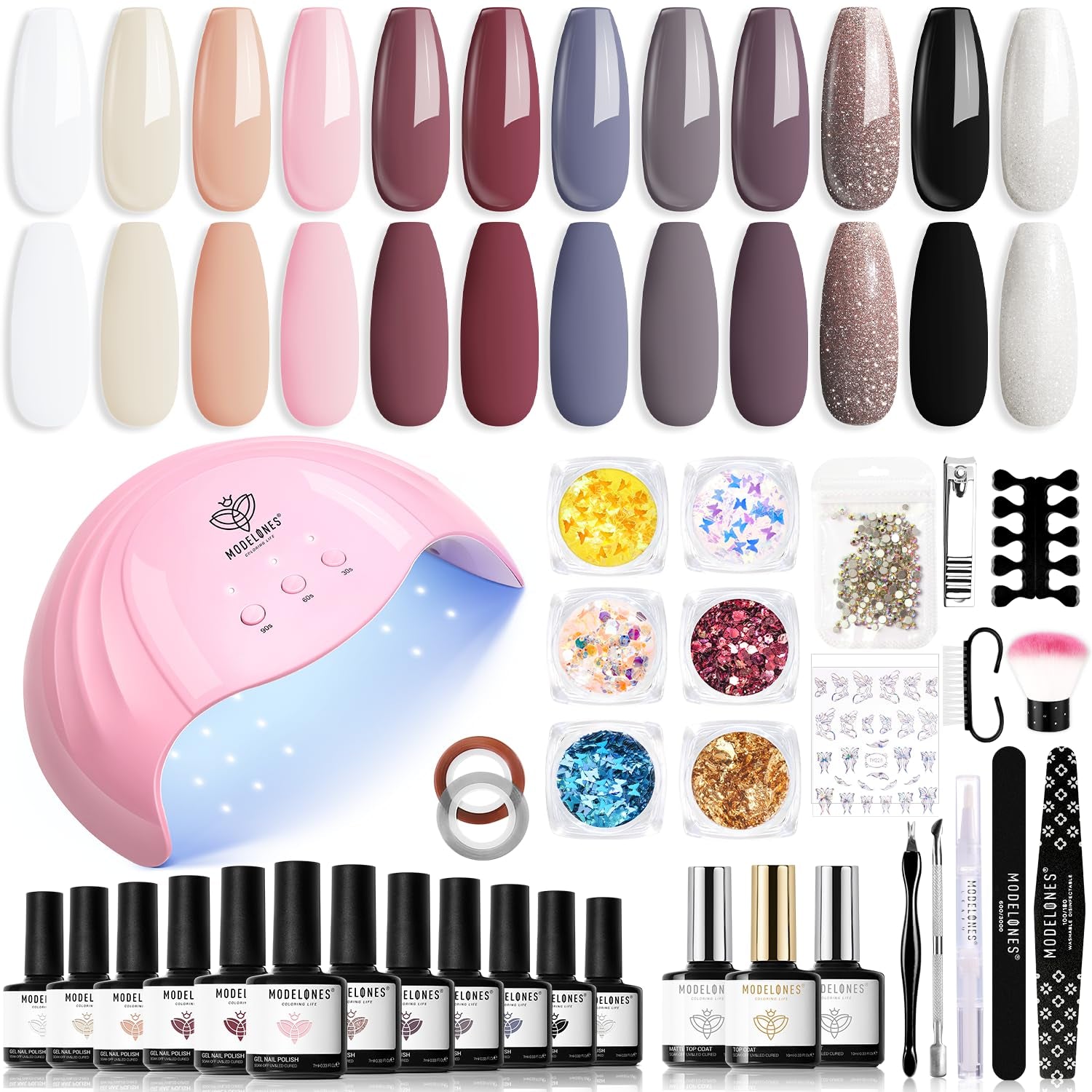 Modelones Juego de esmaltes de uñas de gel, 35 piezas, juego de esmaltes de uñas UV con lámpara de 48 W, juego de esmaltes de uñas de gel, color marrón, blanco y rosa, juego de esmaltes de uñas de gel UV con base de capa superior, juego de estudio de uñas
