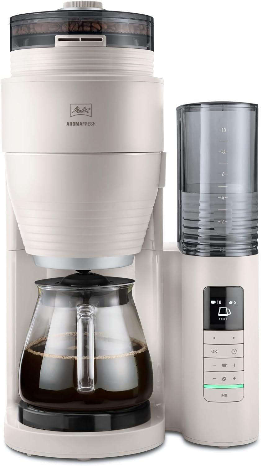 Melitta AromaFresh Therm Pro X - Cafetera espresso con filtro, molinillo integrado, depósito de agua extraíble, jarra térmica de acero inoxidable y función de temporizador, para hasta 8 tazas de café, negro/plateado