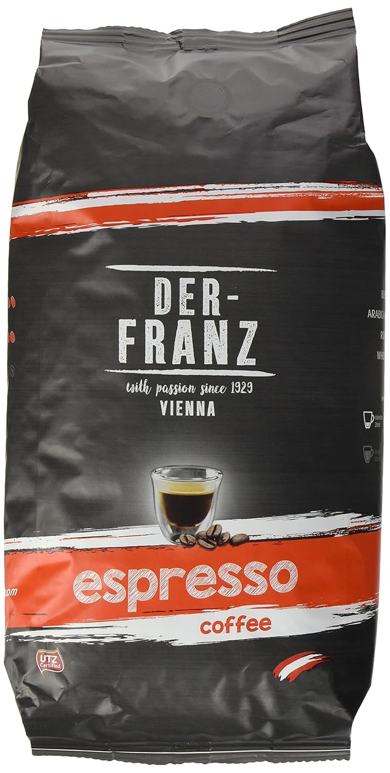 Der-Franz Café Espresso, Intensidad 5/5, Arábica y Robusta, Ganze Bohne, 4 x 1000 g
