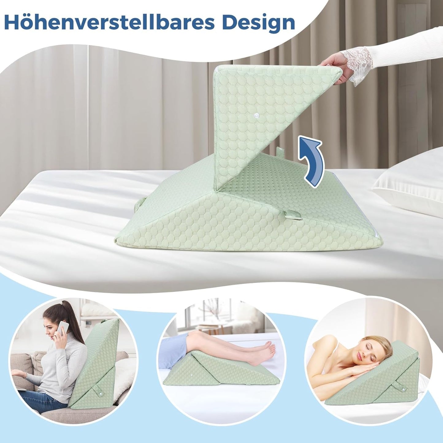 Almohada de cuña ajustable para niños, almohada de lectura de espuma de alta densidad para cama y sofá, almohada ergonómica para cabeza de cuña para apnea de reflujo del sueño, almohada para piernas/almohada de espalda para jugar y leer (verde)