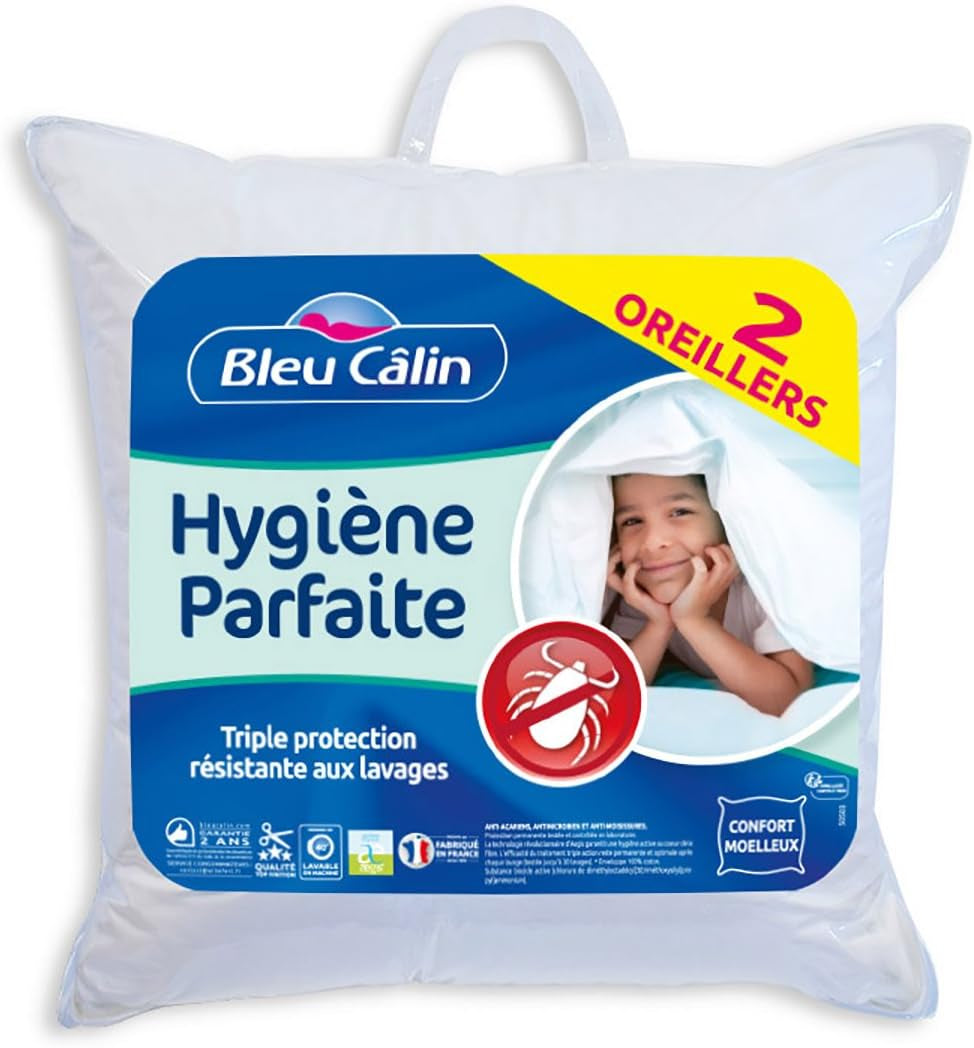 Bleu Câlin Juego de 2 almohadas rectangulares antiácaros, antibacterias, mullidas confort, T 60X60 Cm, 100% algodón, surtido higiene perfecta Naty Shop almohadas estándar