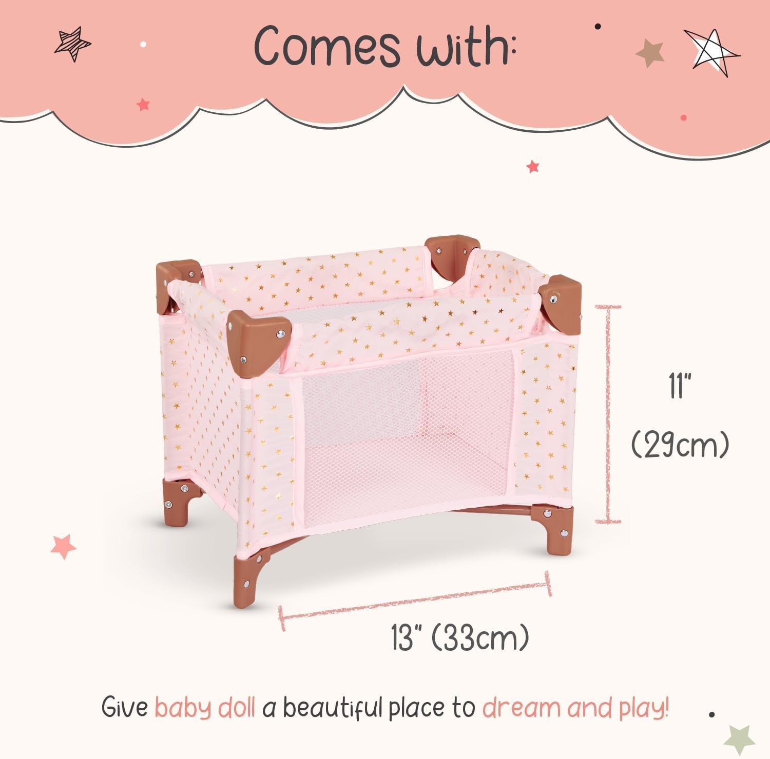 LullaBaby - Baby Puppen Laufstall - Faltbarer Puppen Laufstall en Rosa - Goldener Stern - Druckdesign - 36 cm Baby Puppe Kinderzimmer Zubehör - Vorgetäuschtes Spiel - Spielzeug für Kinder ab 2 Jahren