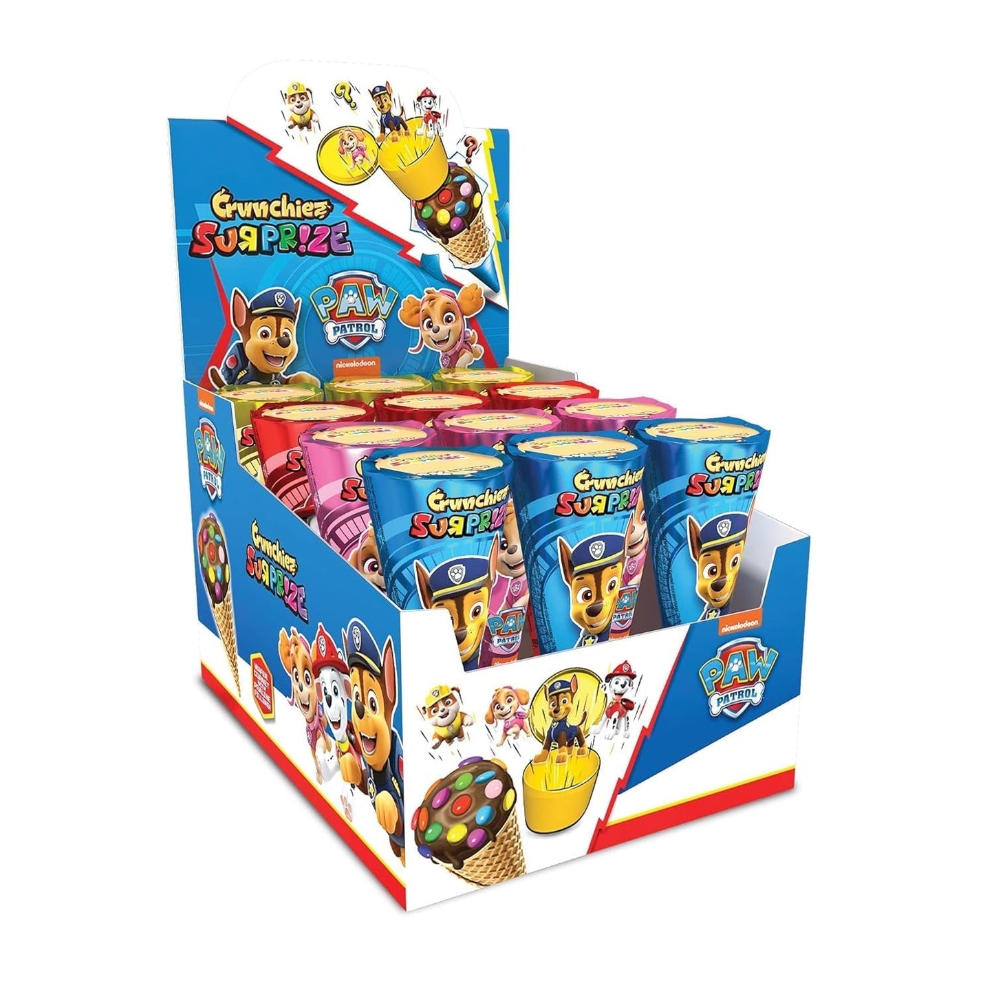 Crunchiez Surprise PAW PATROL, Cono de Helado Relleno de Chocolate y Avellanas con una Sorpresa de Alta Calidad, Bandeja de 12 x 25 g