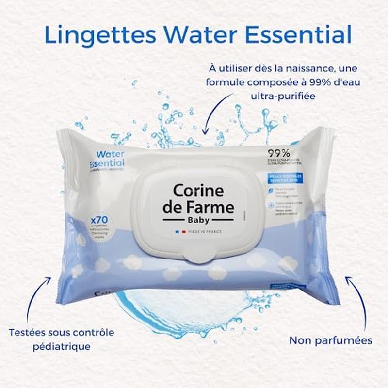 - Toallitas bebé Change Water Essential x70 - Producto de aseo de fibras vegetales - 99% agua ultrapurificada - Higiene desde el nacimiento - Tapa resellable