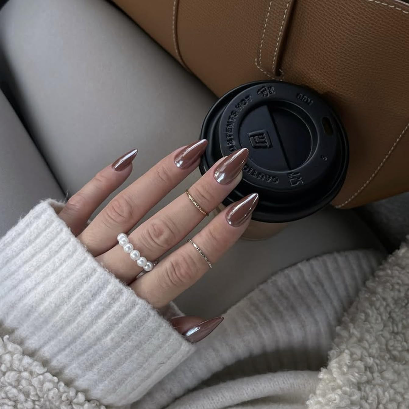 Uñas Cromadas Autoadhesivas - Pegamento Con Brillo Marrón Almendra Mediano En Las Uñas Uñas Postizas Con Brillo Pegamento En Uñas Artificiales Uñas Acrílicas Esmaltadas Para Mujeres 24 Piezas