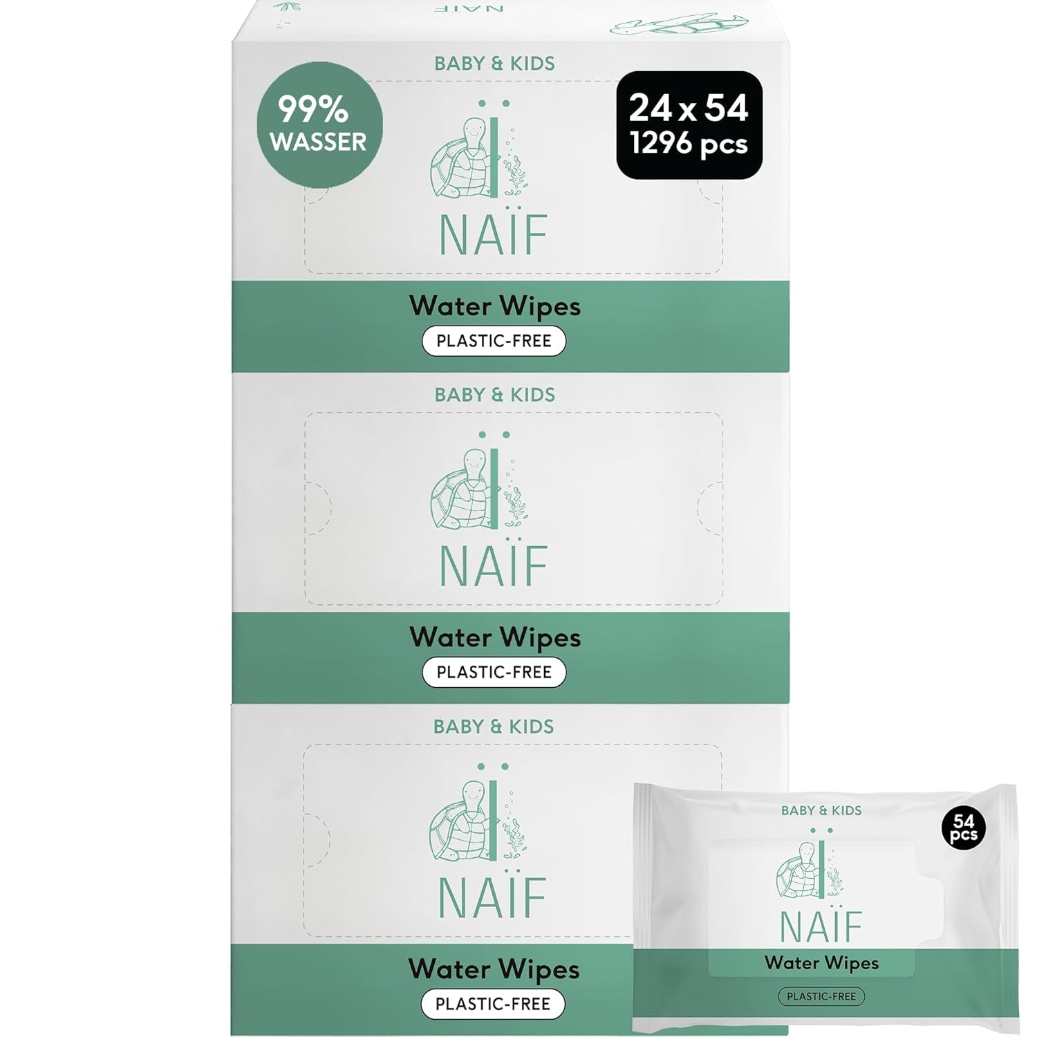 Naïf Toallitas Bebé Sin Plástico 432 Piezas (8 Pack x 54 Toallitas) - Cuidado del Culito, Cuerpo y Rostro del Bebé - 99% Agua - 0% Fragancia y Alcohol - Caja de Toallitas Húmedas Sostenibles, Eucalipto Sensible