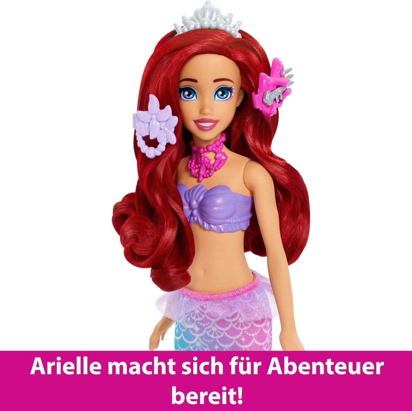 Mattel Disney Princess Toys, muñeca de moda Ariel sirena con aleta de cola desmontable, tocador con 5 sorpresas emergentes repetibles y 5 accesorios, JBF86