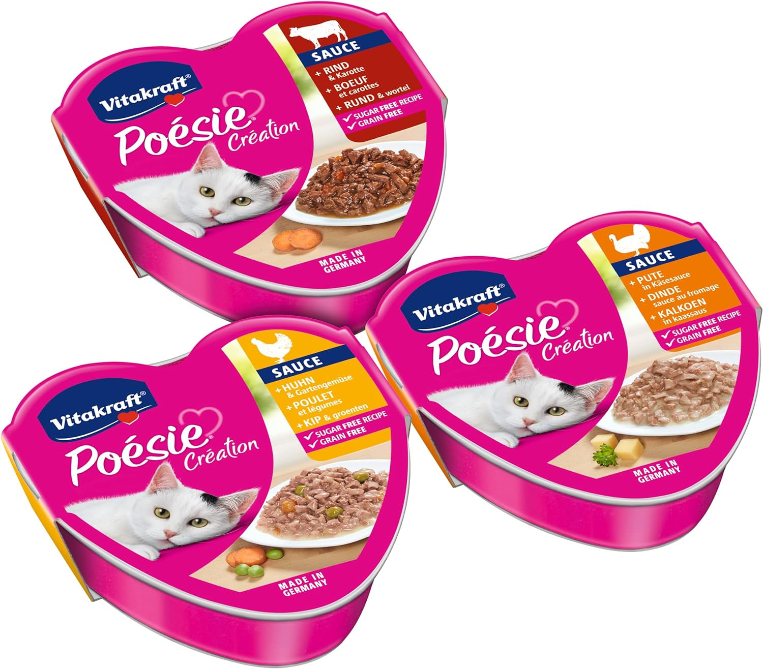 Vitakraft Poésie Création, Tender Selection, Comida húmeda para gatos, Comida húmeda para gatos en salsa, con pollo, con pavo, con ternera, sin azúcares añadidos y cereales (1 paquete de 6 x 85g)