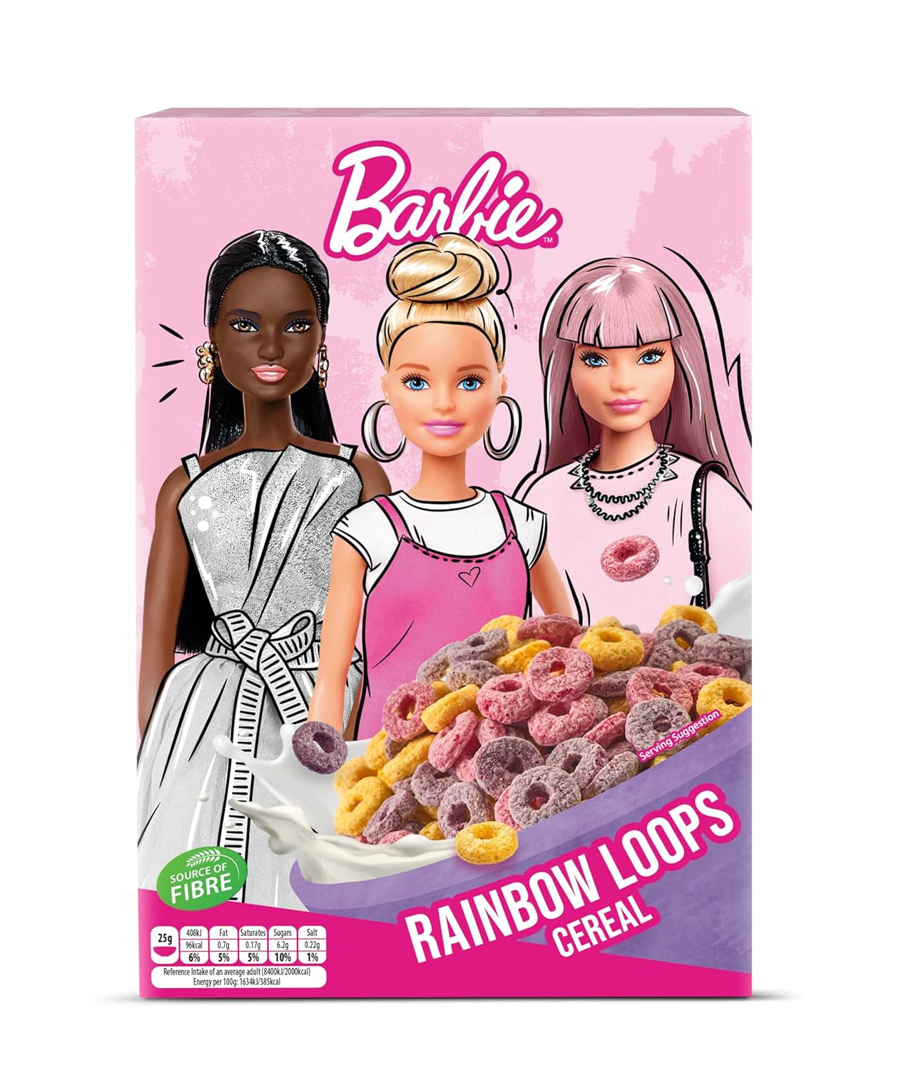 Cereal Barbie Rainbow Loops, coloridos aros de trigo, avena y maíz con sabor a frutas para el desayuno perfecto, 1 paquete (1 x 350 g)