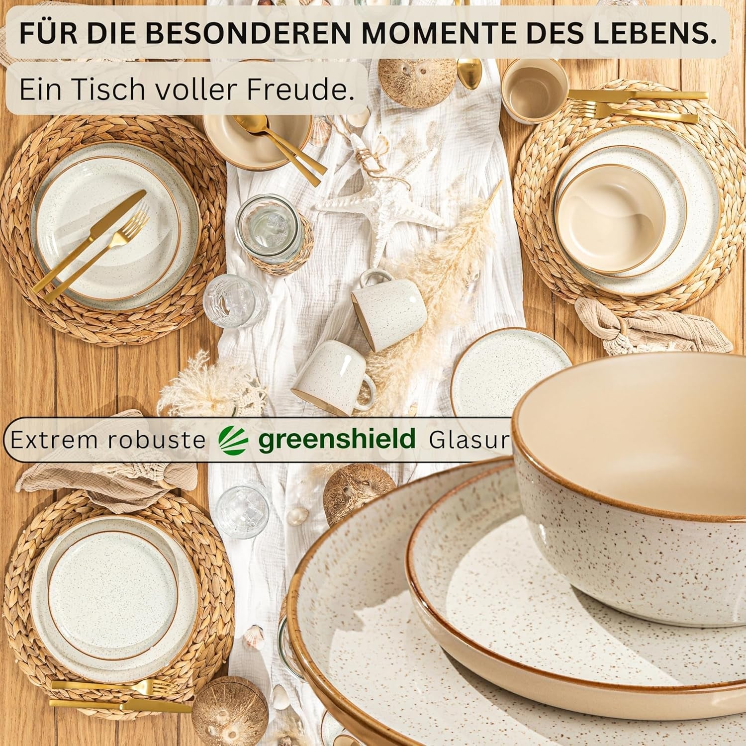SÄNGER Río Crema | Juego de vajilla de gres de 18 piezas para 6 personas, incluidos 6 platos llanos, 6 platos de postre y 6 tazones | LA COLECCIÓN DE VALOR