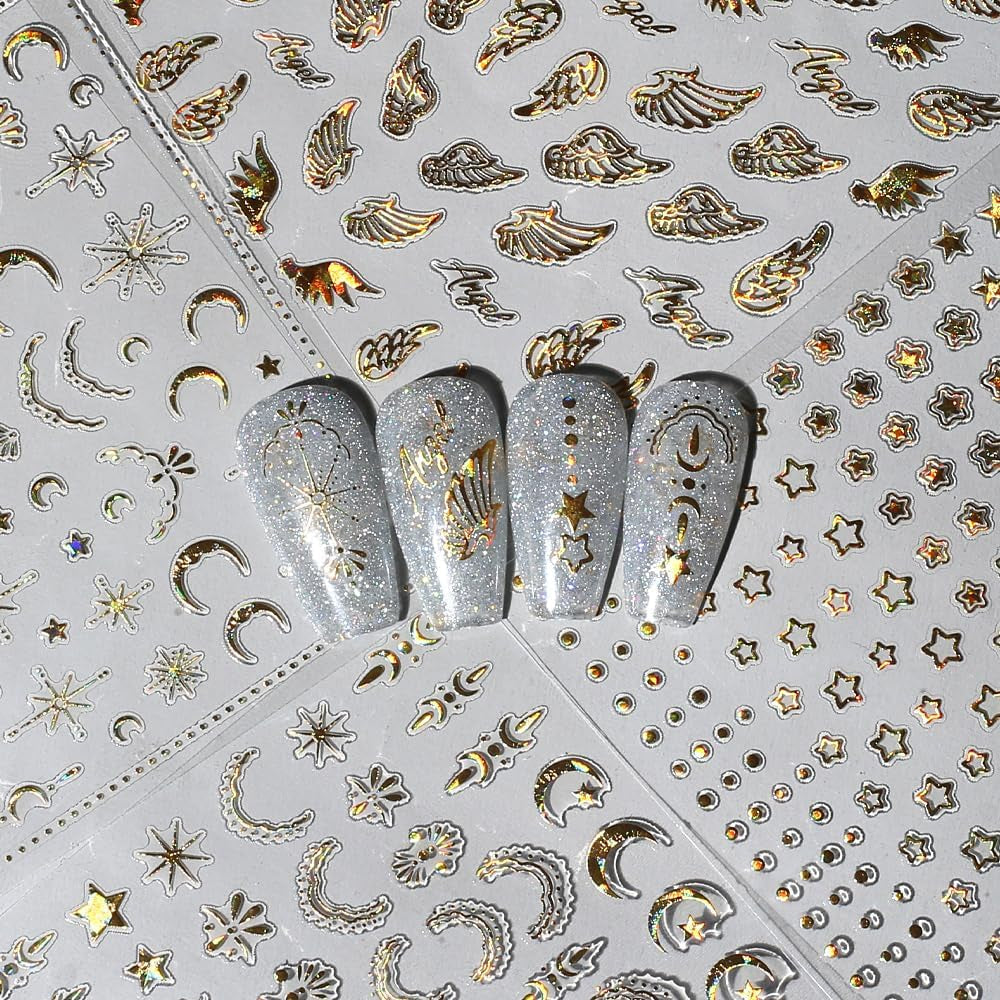 8 hojas de pegatinas doradas para uñas, luna y estrellas, alas de ángel, pegatinas para uñas doradas, estrellas, láminas para uñas, pegatinas autoadhesivas para uñas, accesorios de diseño de uñas, pegatinas para uñas