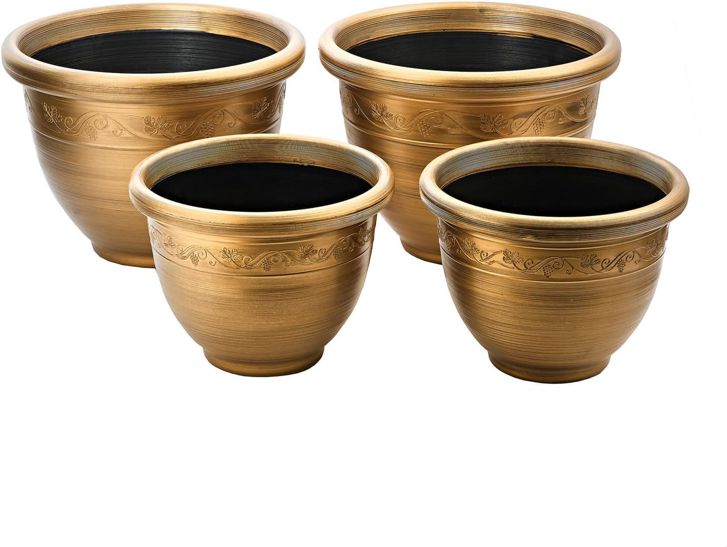 ® Juego de maceteros de plástico de estilo retro - Juego de 4 piezas en dos tamaños - Resistente a la intemperie y liviano - Borde decorativo - Juego de maceteros de bronce