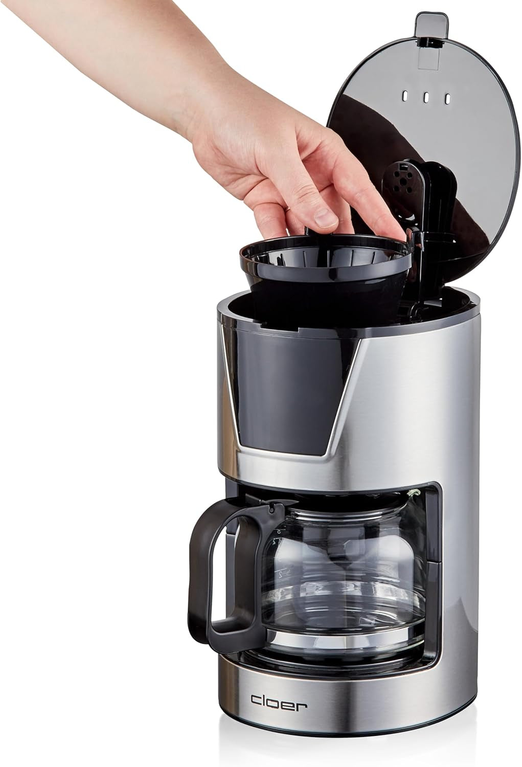 Cloer Cafetera espresso con filtro de 6 tazas, Función suave para mantener caliente, Jarra de vidrio, Cuchara medidora, Indicador de nivel de agua, Sistema antigoteo, Apagado automático, Tamaño del filtro 1x2, 550W, Acero inoxidable