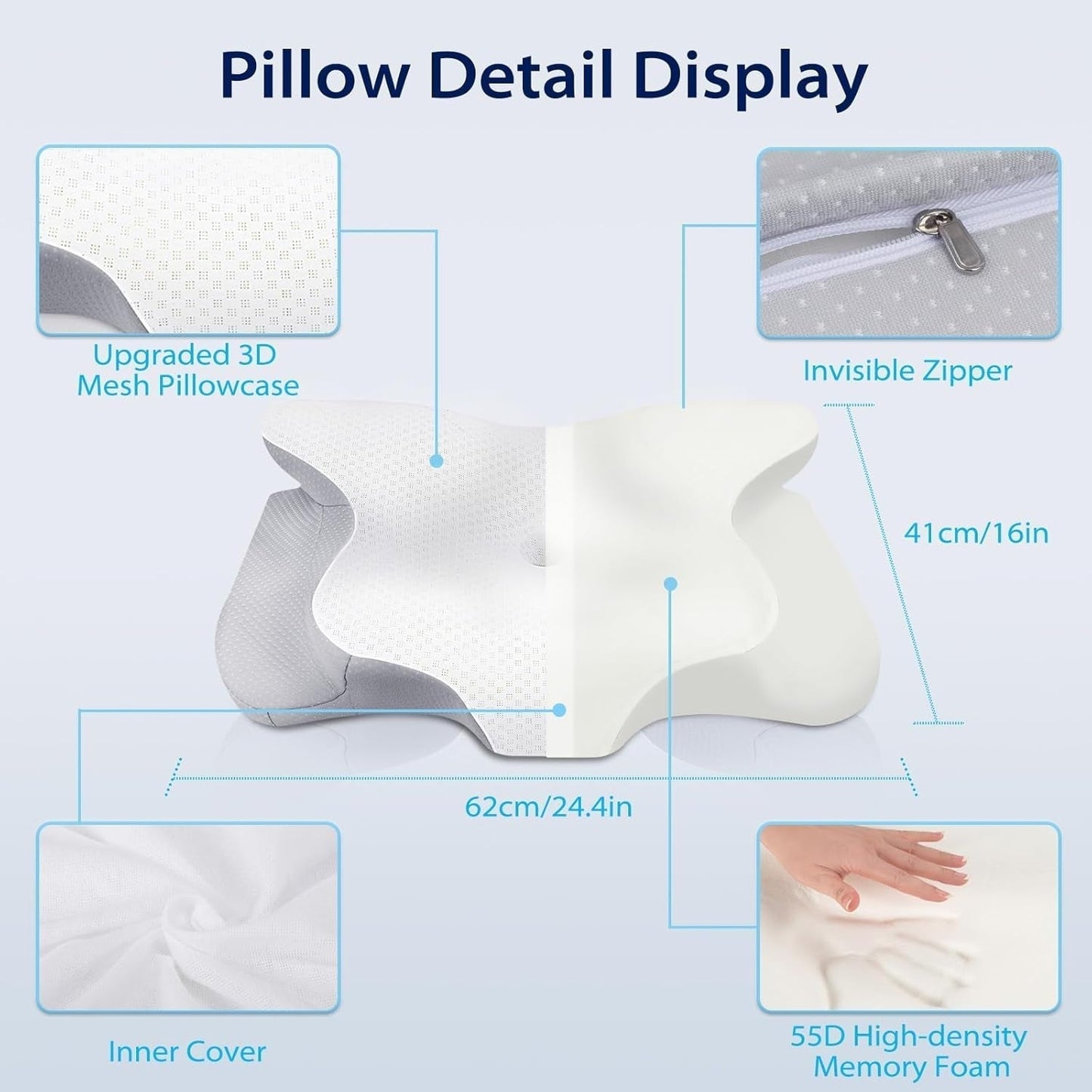 HOMCA Almohada para el cuello, almohada ergonómica de espuma viscoelástica, funda de almohada de enfriamiento 3D para posición supina, lateral o prona, 62 x 41 x 9,5/12,5 cm Almohadas ortopédicas cervicales Naty Shop