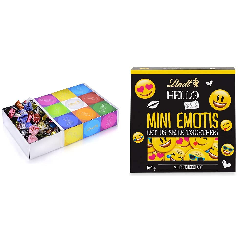 Surtido de chocolate (37 bolas LINDOR, 24 palitos Hello Mini, 10 Mini Fioretto), regalo de chocolate (1 x 815 g) y HELLO Mini Emoti, chocolate con leche en 5 diseños de emoticones, 164 g