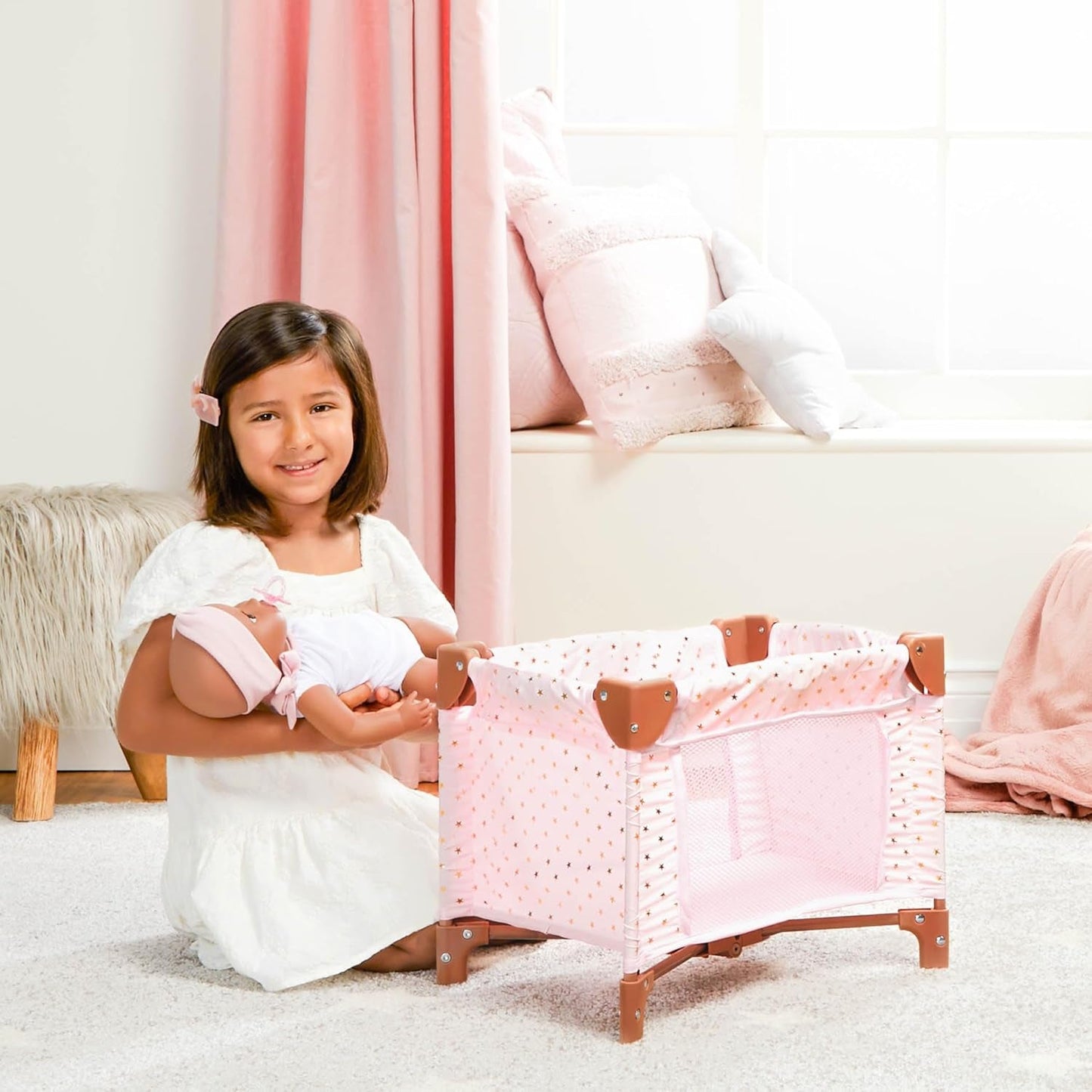 LullaBaby - Baby Puppen Laufstall - Faltbarer Puppen Laufstall en Rosa - Goldener Stern - Druckdesign - 36 cm Baby Puppe Kinderzimmer Zubehör - Vorgetäuschtes Spiel - Spielzeug für Kinder ab 2 Jahren