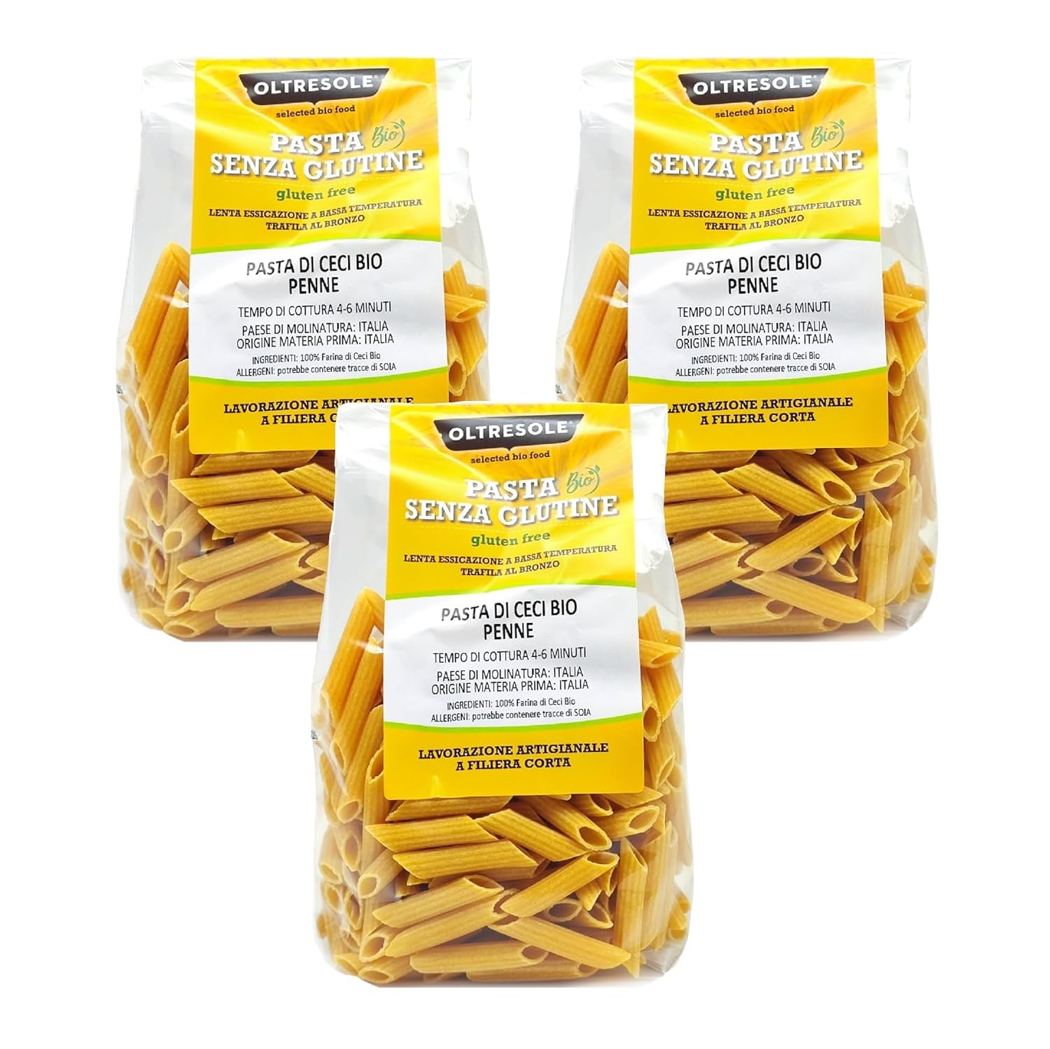 Pasta Penne de Garbanzos Orgánica Italiana Pasta Proteica de Harina de Garbanzos 100% Orgánica Alta en Fibra Vegana Sin Gluten 3 Paquetes x 350g