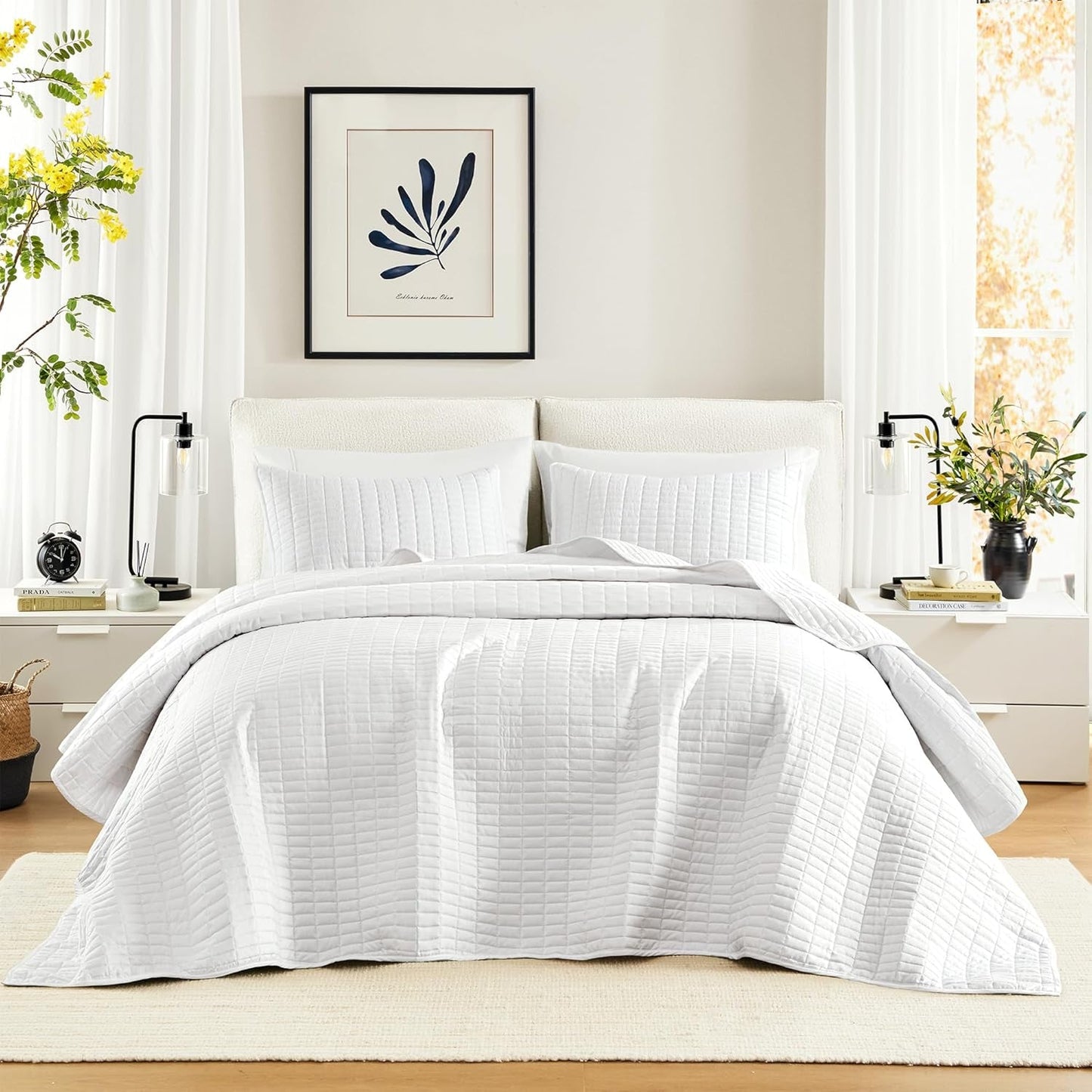 Comfort Spaces Kienna Juego de edredón de lujo con doble costura, manta de verano, ligero, suave, ropa de cama para todo el año, funda de almohada a juego, blanco, manta para camas king size (264,2 x 228,6 cm), Naty Shop Quilts & Quilts White Large King (120 "X 118")