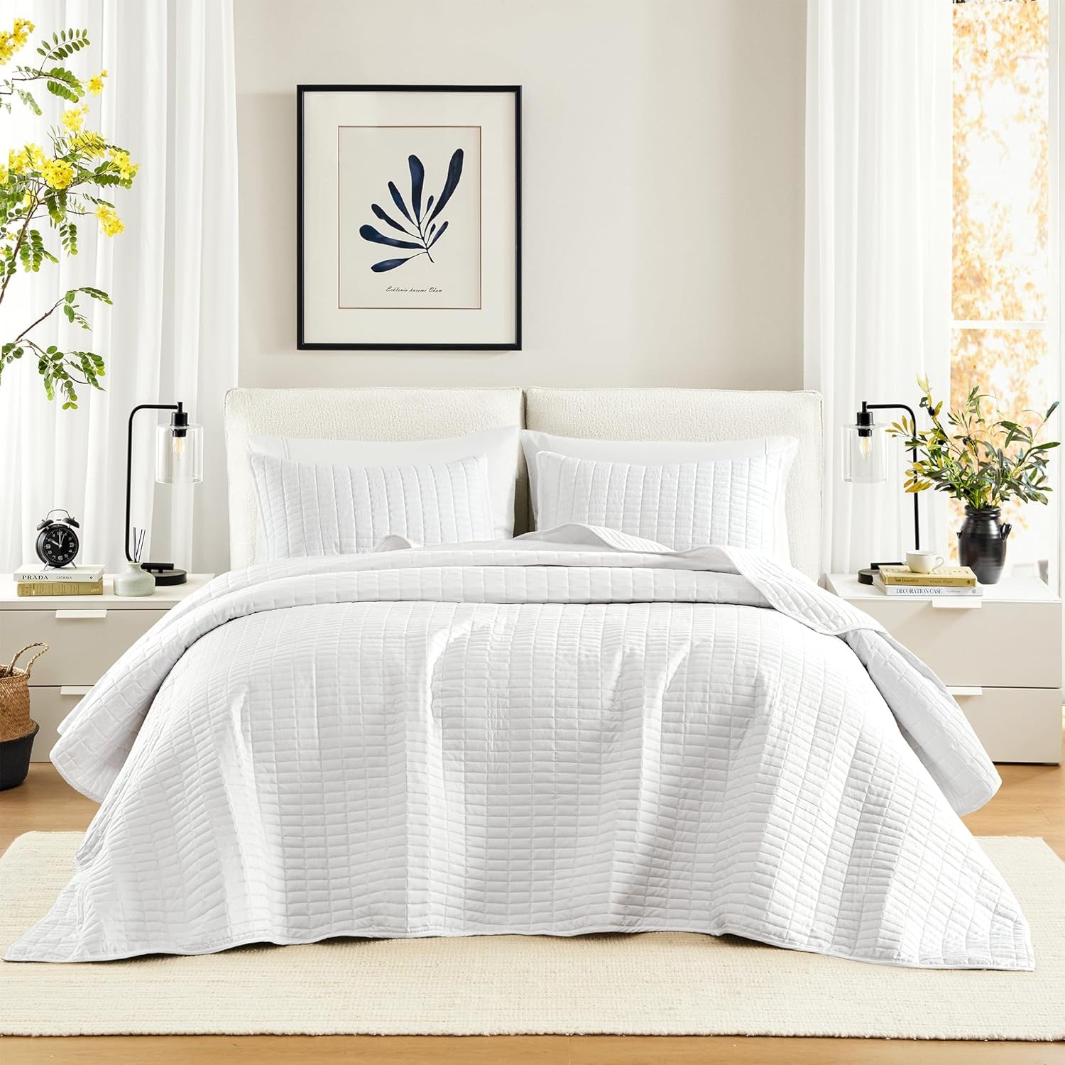 Comfort Spaces Kienna Juego de edredón de lujo con doble costura, manta de verano, ligero, suave, ropa de cama para todo el año, funda de almohada a juego, blanco, manta para camas king size (264,2 x 228,6 cm), Naty Shop Quilts & Quilts White Large King (120 "X 118")
