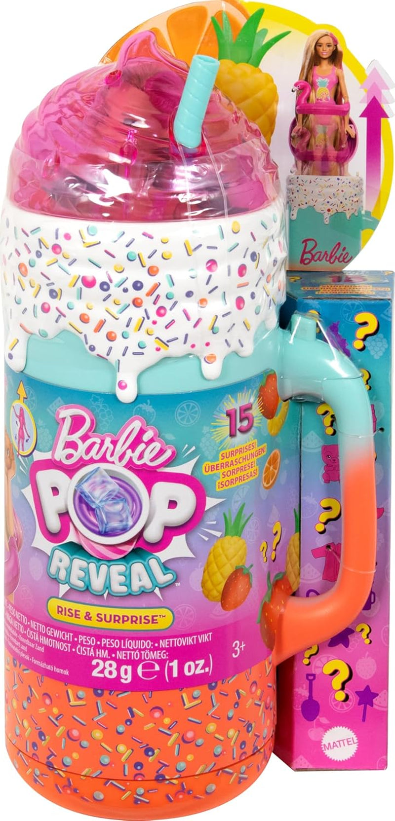 BARBIE Pop Reveal Rise & Surprise Set de regalo: más de 15 sorpresas, incluida 1 muñeca Barbie, accesorios de playa para diversión lúdica y frutal para niños de 3 años en adelante, HRK57