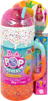 BARBIE Pop Reveal Rise & Surprise Set de regalo: más de 15 sorpresas, incluida 1 muñeca Barbie, accesorios de playa para diversión lúdica y frutal para niños de 3 años en adelante, HRK57