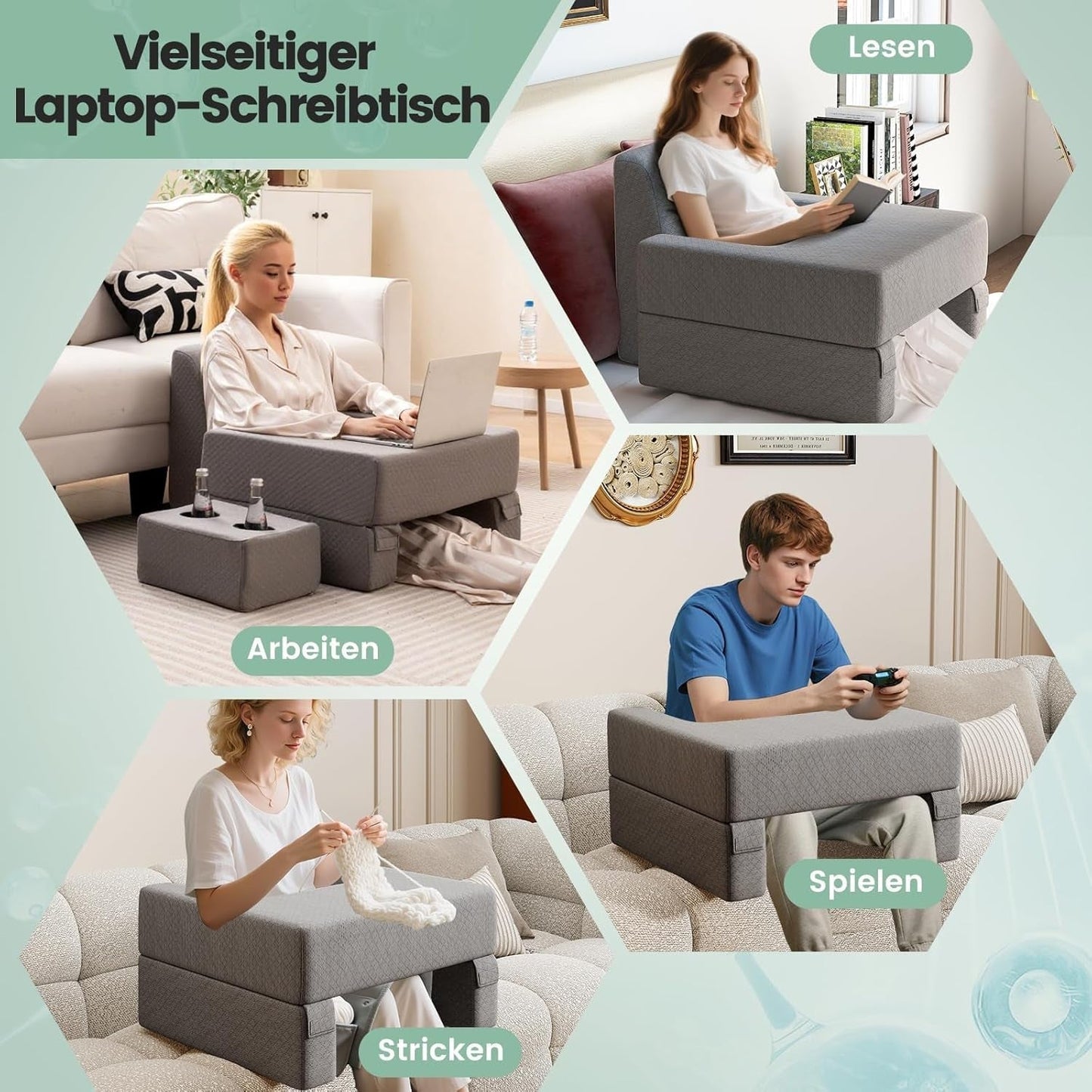 Almohada de lectura para cama y sofá, cojín para libros, combinable libremente con soporte para bebidas y funda lavable, almohada de escritorio ajustable para computadora portátil para leer, jugar, trabajar, escribir (gris)