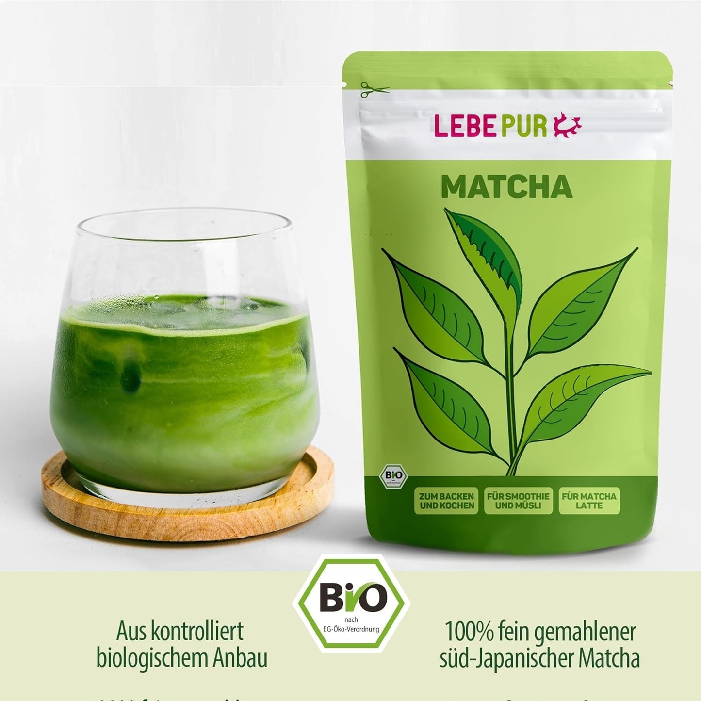 Lebepur BIO Matcha en polvo 100G - Calidad Premium de Japón Sin aditivos - Té verde en polvo 100% puro para Matcha Latte, té Matcha, té verde, batido - Té verde japonés